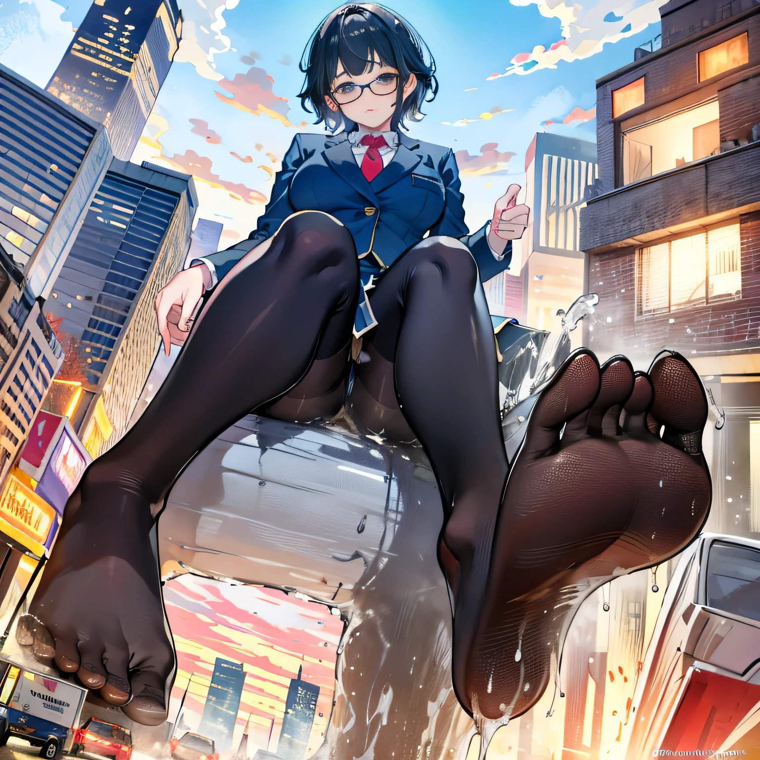 multiple girls, Giantの芸術, 非常に詳細なGiantショット, Giant, short hair, A high school girl who is much bigger than a skyscraper, wearing rimless glasses, big breasts, big ass, navy blue blazer, red tie, mini skirt, black pantyhose, pantyhose barefoot, Steam comes out from the soles of the feet, very small metropolis, miniature metropolis, crush the big city, full body description, ＧＴＳ, ギガGiant, Stomping City, crash city, Small town, micro city, High resolution, highest quality, masterpiece, 