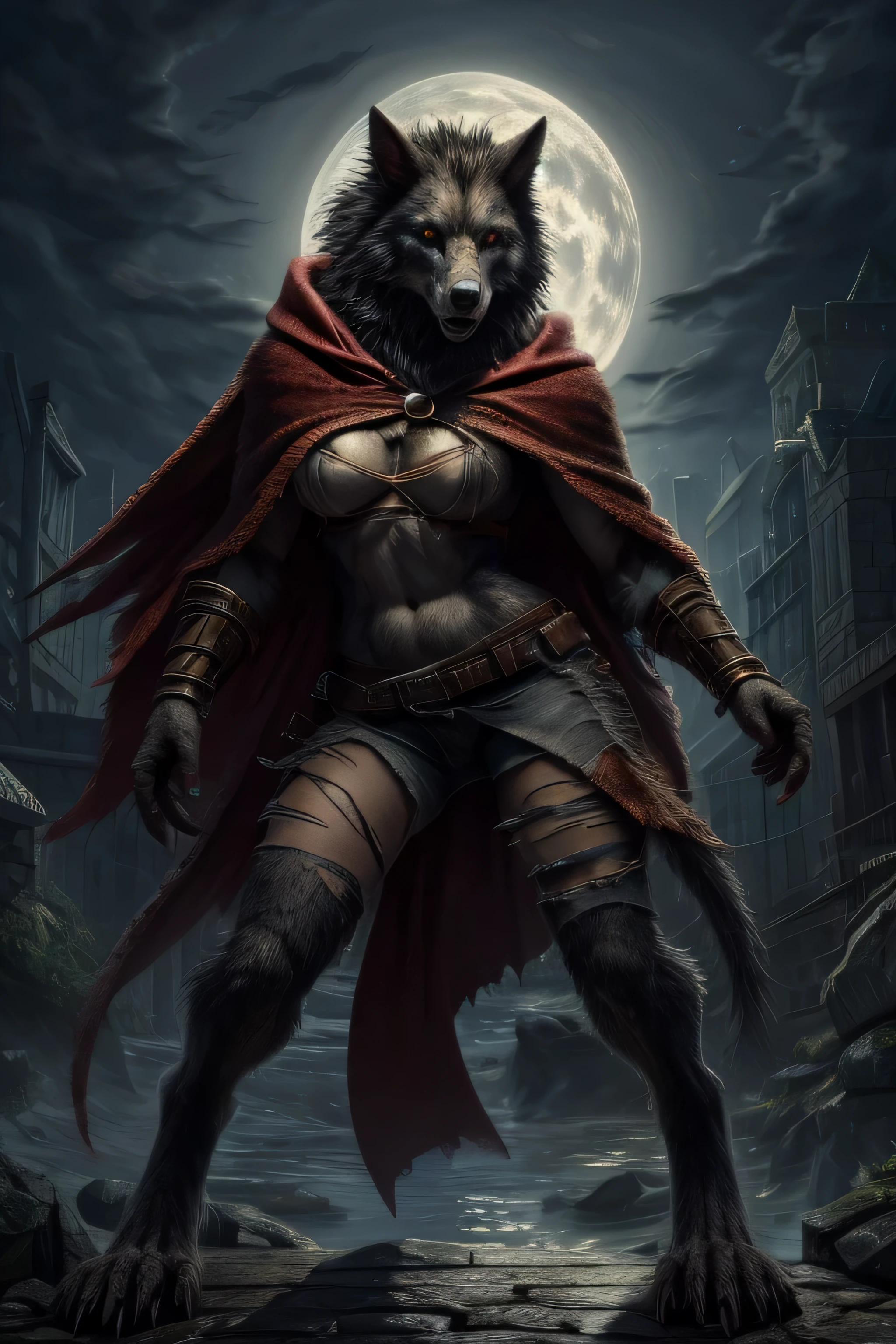 ((best quality)), ((masterpiece)), (detailed), a werewolf female, red cloak, torn clothes
