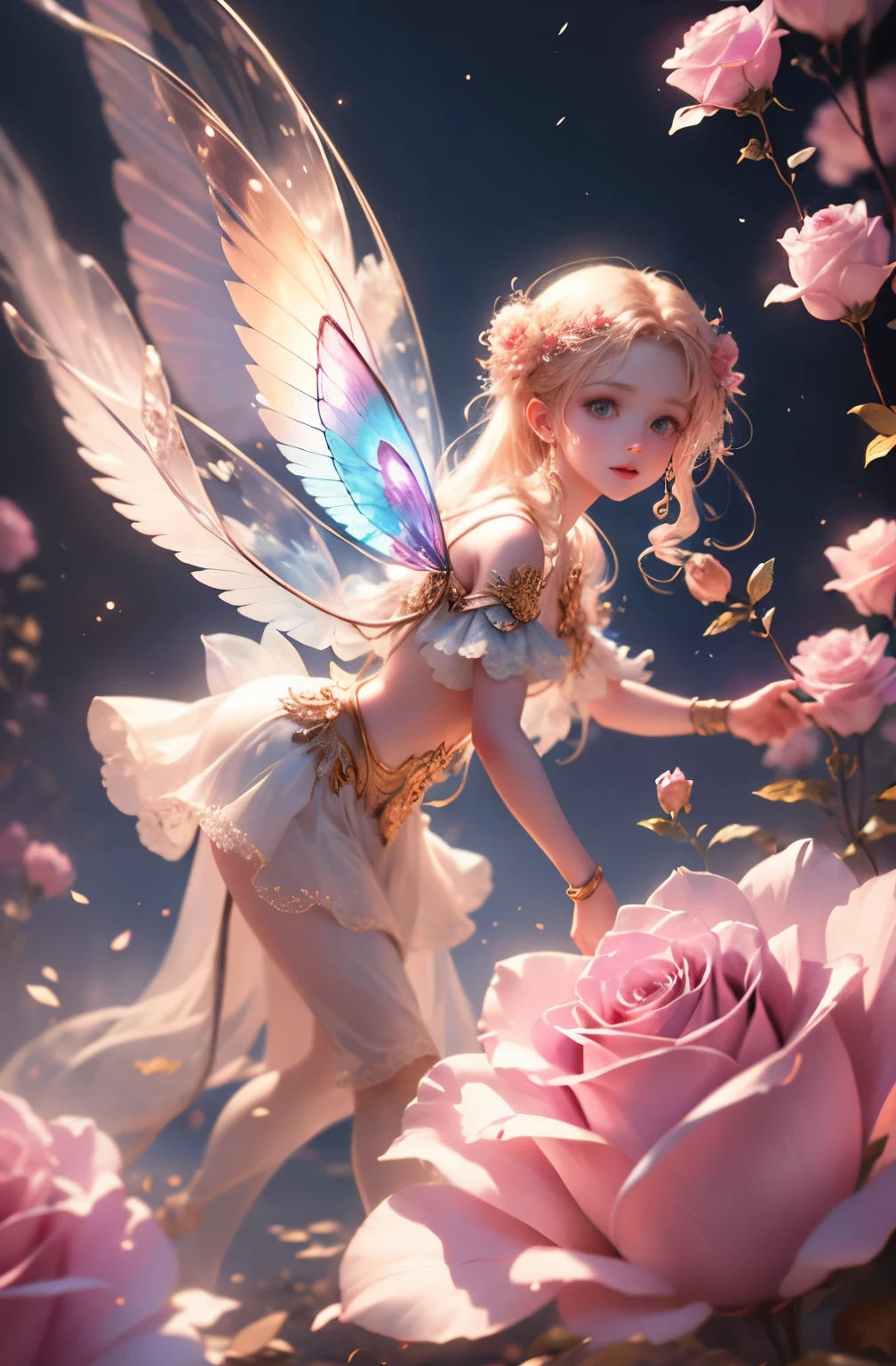 Beautiful transparent flower fairy baby, Transparent colorful wings, The wand flutters in the wind､The wand flashed with starlight，Golden wand，Beautiful blue sky and white clouds、Girls have transparent wings､kindly smile､Beautiful garden background､Gentle and transparent，anatomy correct, Delicate pattern，Pink rose space, Soft lighting, ( Bokeh)，Masterpiece, Super detailed, Epic composition, Highest quality, 8K，Epic romantic fantasy digital art，Epic fairy tale fantasy digital art，Mythological fantasy，UHD resolution，Detailed detail drawing，realisticlying，Very realistic，cinmatic lighting,an award winning photograph,rich colours，hyper realistic lifelike texture，dramatic  lighting