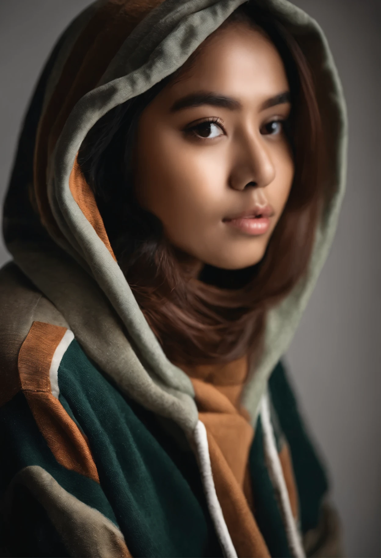 Studio foto Laki laki umur 20 tahun,pakai baju Hoodie putih, kulit cokelat ,rambut belah tengah hitam pendek 