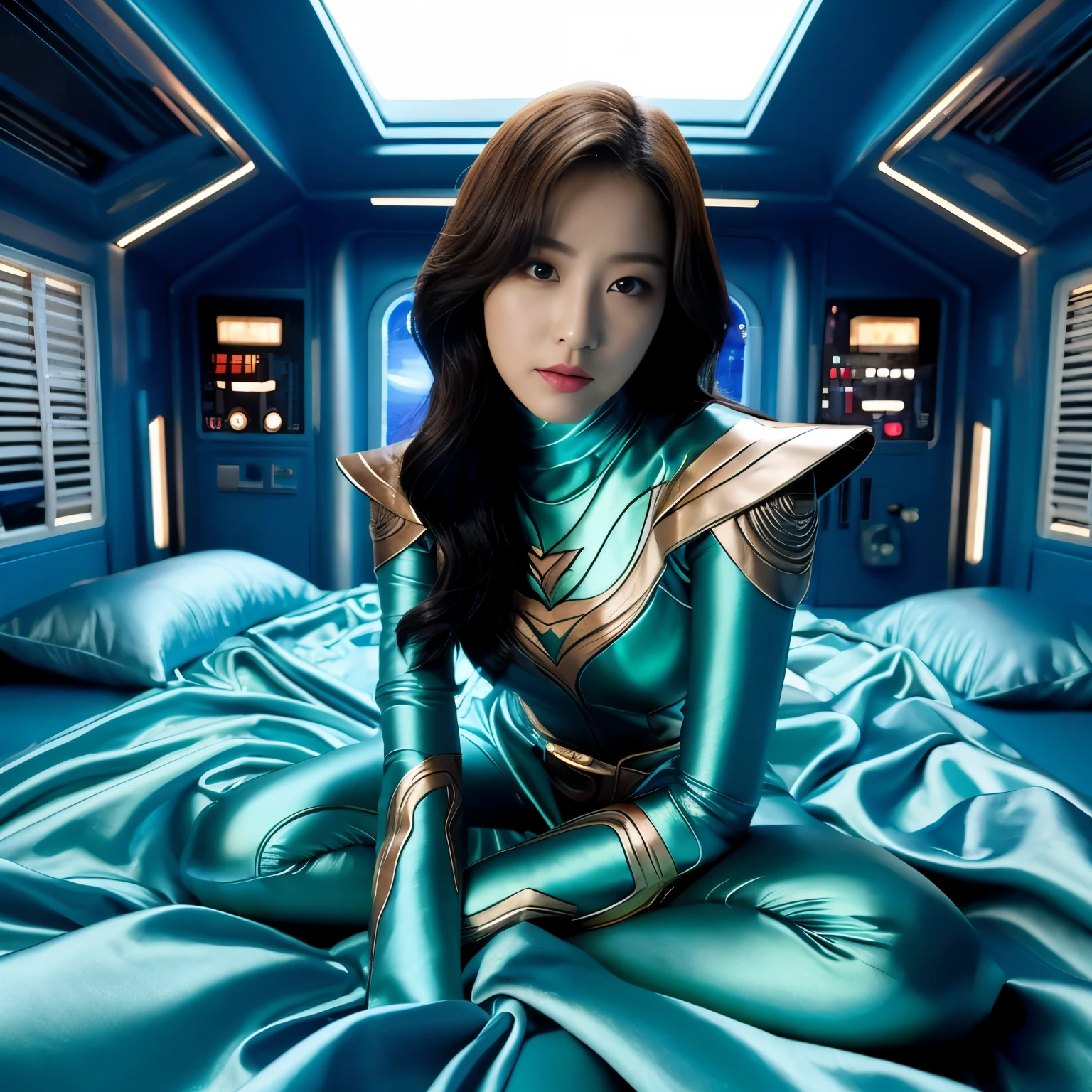 best image quality、Super high resolution、(realism:1.4)、Korean beauty star、The most beautiful KPOP star、face、Horny Korean makeup、erotic expression、A body that makes you want to touch it、Erotic photos、Realistic satin fabric texture、Costume made of stretch satin fabric that is smooth to the touch、The drape of the curved part of the satin fabric、Strong luster of costume、costume quality、8K photo quality、Costume made of high-quality satin fabric with high density、Super-class battle leather cloak with a smooth texture、Super Sentai Women's Heroine Suit、Super-class battleship shiny costumes、Texture of costumes that satin fetishists respond to、Thin, glossy stretch satin fabric、