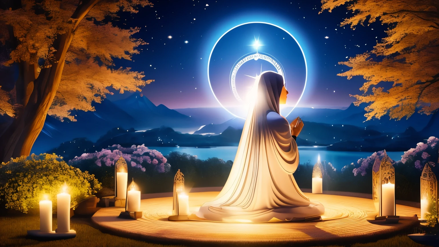 Imagine a figure, sitting in meditation with eyes closed, surrounded by a circle of light symbolizing the presence of spiritual mentors. Above them, the words "May the light of the wisdom of Spiritual Mentors shine in our hearts forever" shimmer softly, carrying the prayer for divine enlightenment and guidance. Surrounding the figure, shimmering figures of spiritual mentors appear, their forms gentle and comforting. It's a scene of introspection and communion, where the soul opens itself to receive the timeless wisdom and love of its spiritual guides.