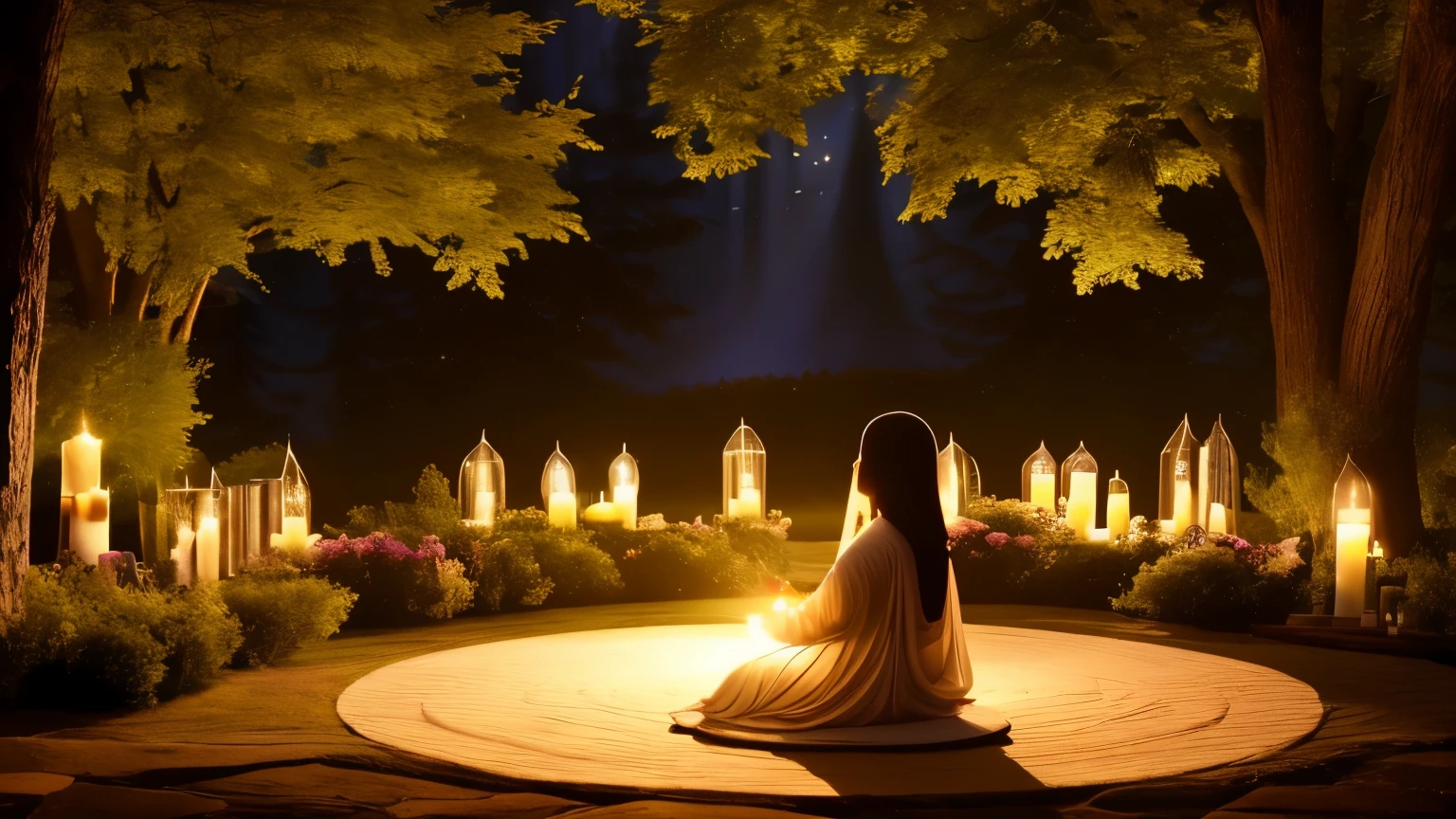 Imagine a figure, sitting in meditation with eyes closed, surrounded by a circle of light symbolizing the presence of spiritual mentors. Above them, the words "May the light of the wisdom of Spiritual Mentors shine in our hearts forever" shimmer softly, carrying the prayer for divine enlightenment and guidance. Surrounding the figure, shimmering figures of spiritual mentors appear, their forms gentle and comforting. It's a scene of introspection and communion, where the soul opens itself to receive the timeless wisdom and love of its spiritual guides.