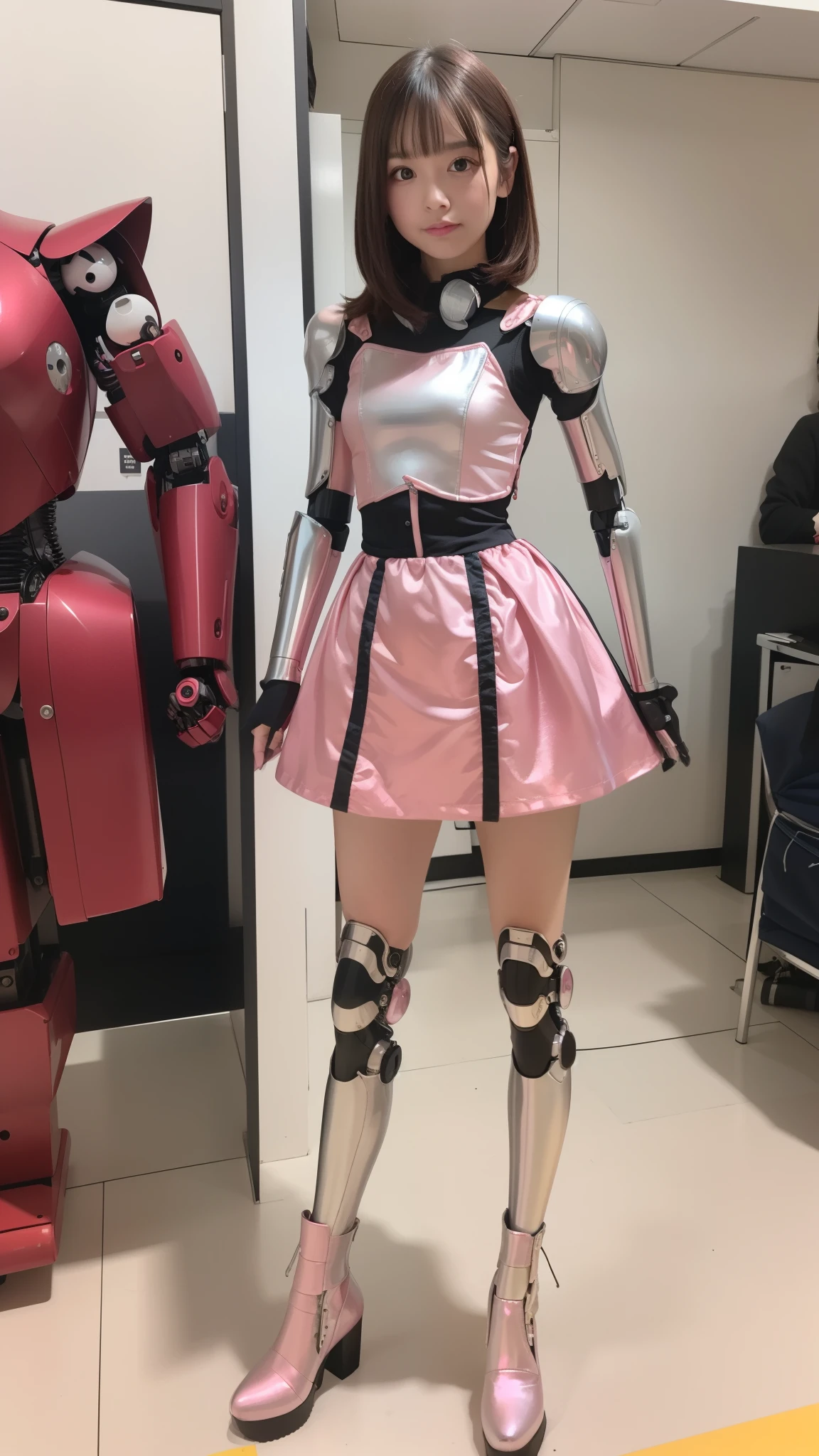 Robot Girl, pink there, Silver, Metallic body, Robot Parts, Metal Parts, Super Detailed Face, Super well-formed face, of the highest quality, a small face, a small head, Brown hair, Slender body, Camera gaze, Internal Mechanical Exposure, Idol, front facing, Well-proportioned body, sale, Exhibited, Event Hall, Moe Pose, pink metallic Lolita dress machine armor, Standing with legs open, Model body type, sad, Embarrassing,(Perfect Robot Girl),(Perfect machine body)