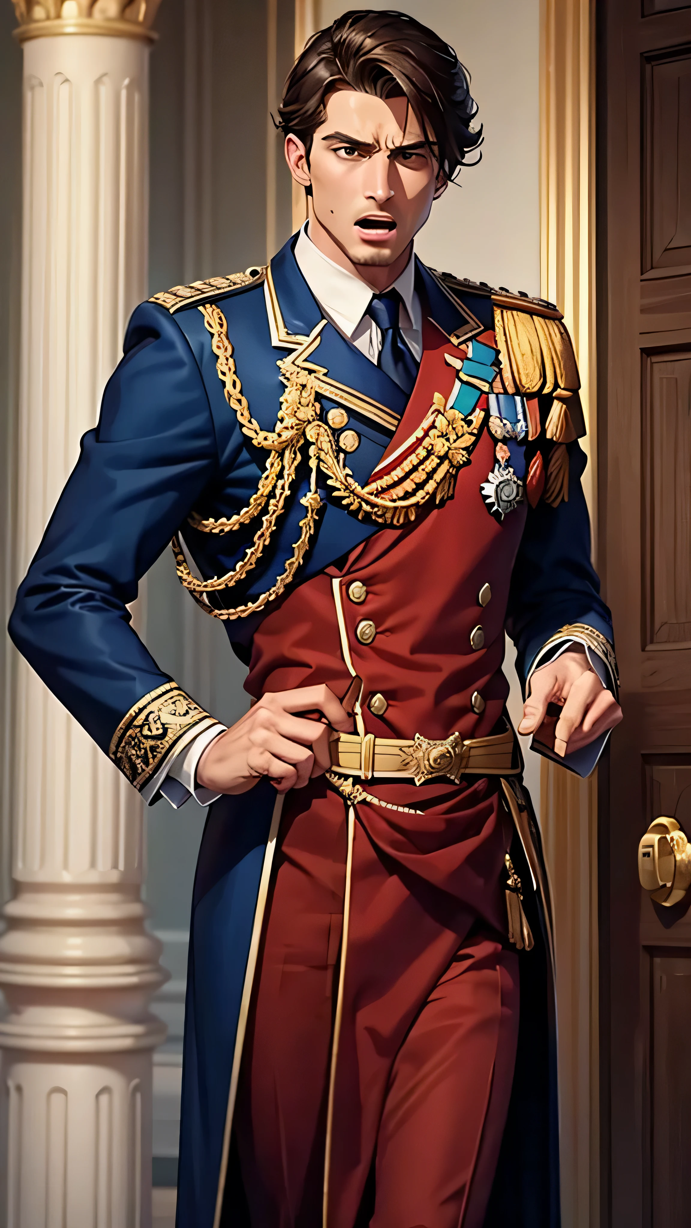 A royal masculine man soldier yelling at someone