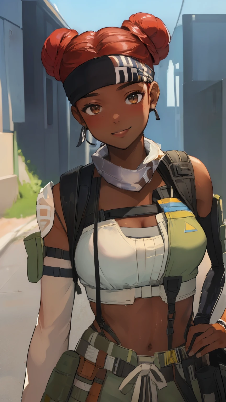 (masterpiece:1.4), (highest quality:1.2), lifeline \(apex legend\), 1 girl, dark skinned female, dark skin, crop top, removed sleeve, head band, pants, bun hair, Mask around the neck, redhead, Upper body、smile、blush