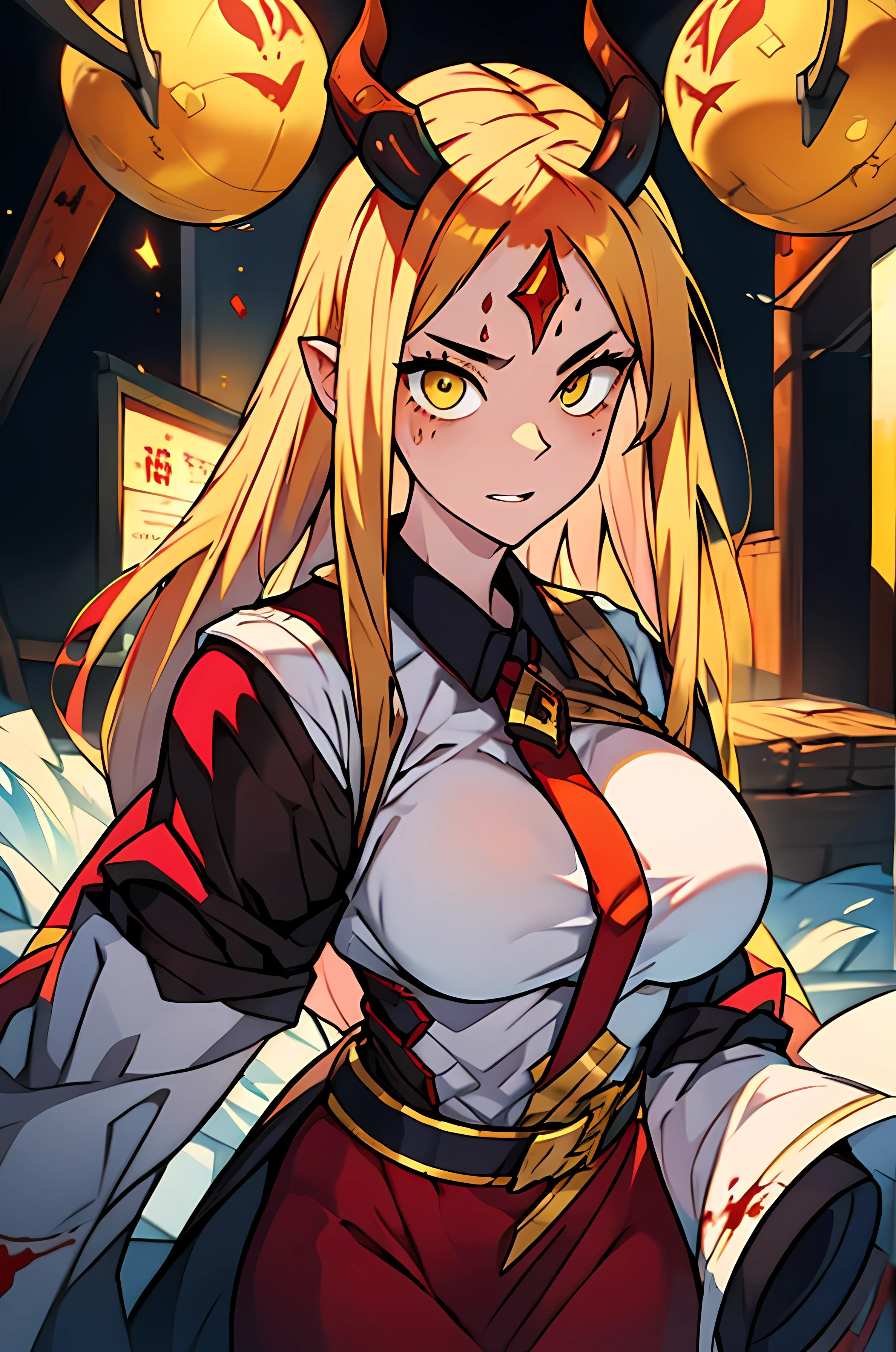 Power inhabits the body of an unknown woman or girl with long hair. Her hair color varies from blonde to pink, sometimes appearing dirty blonde or light brown. In the anime, it takes on a strawberry blonde hue. Her eyes form a cross pattern, with red and yellow irises. Sharp teeth and light red horns crown her head. Power typically no shirt, tie, and slacks required of Public Safety Devil Hunters. Her jacket hangs halfway off her body, giving her an untidy appearance. Fiend Form: When she accumulates too much blood, her horns grow larger and more curved. Additional pairs of horns sprout from the sides of her head. Breast enhance size, and her half-dressed jacket adds to her disheveled and sexual powerful look. Personality: Power is childish, greedy, and driven by self-interest. Her actions are often unpredictable, making her a wild card in any situation. Despite her chaotic nature, she forms unique bonds with fellow characters, revealing glimpses of vulnerability beneath her tough exterior. Abilities: Physical Abilities: As a Fiend, Power possesses enhanced strength, agility, and resilience. Devil Powers: She can make contracts with humans, consume blood for healing, and take over dead human bodies. Skillset: Her combat skills are formidable, especially when fueled by her unpredictable temperament.