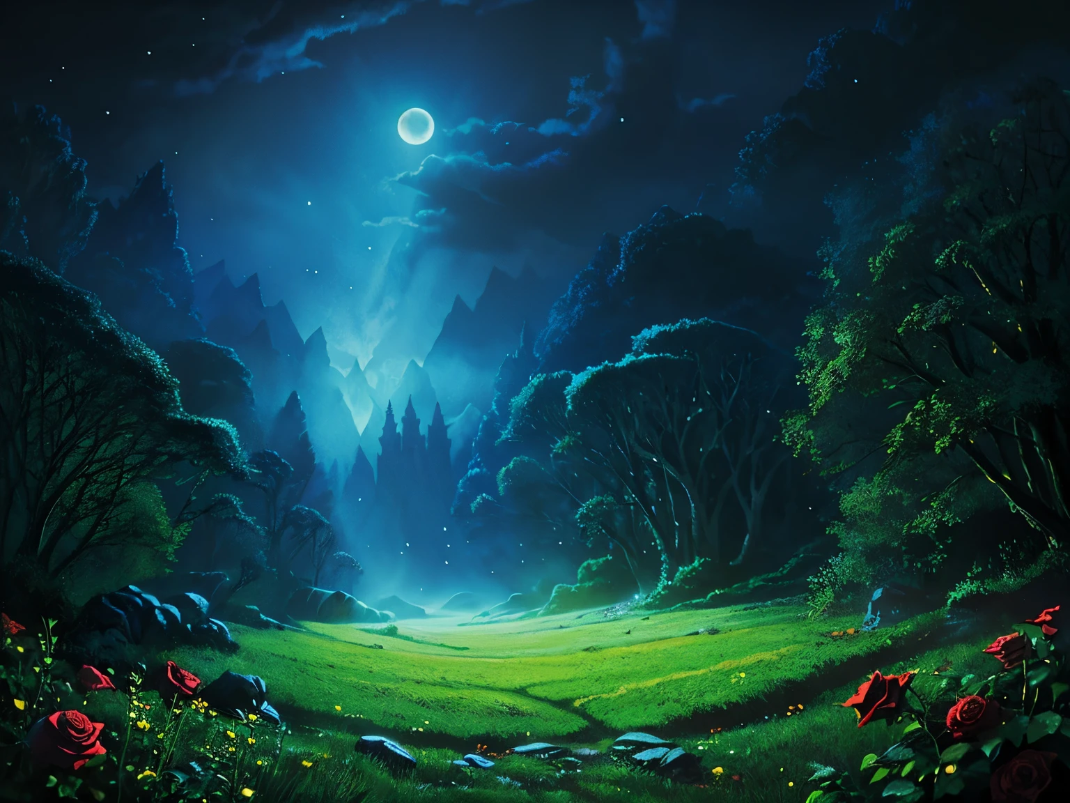 Avantasia Land, moonglow, simple Circus Tend, Grass field, dark forest, roses field