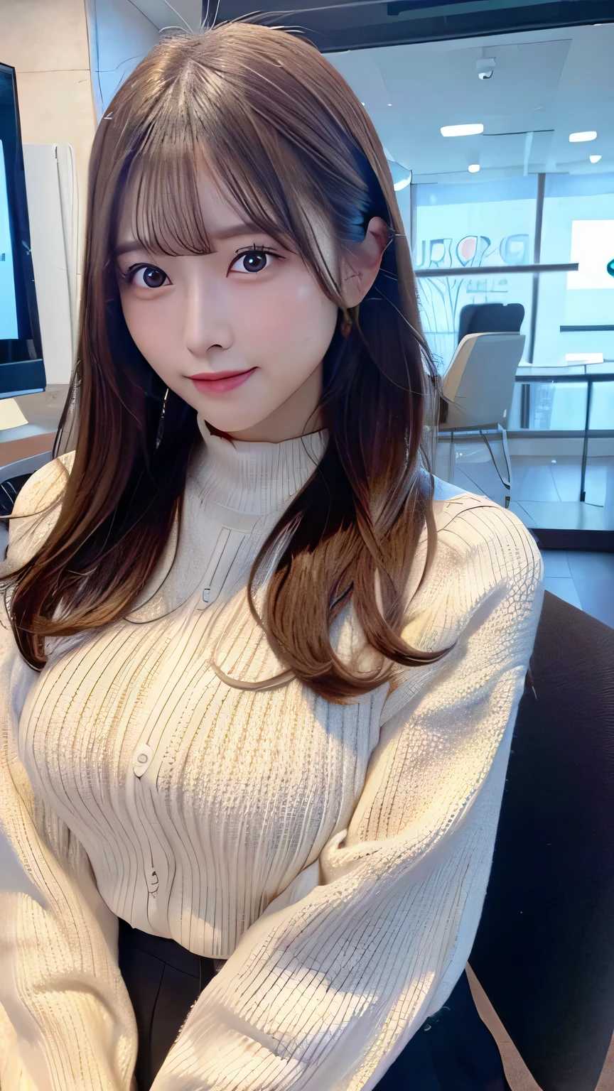table top, highest quality, Super detailed, finely, High resolution, In 8K, wearing knitwear, beautiful and detailed eyes, Clothes with body lines, big breasts, natural color lip, News Studio, Female Announcer, news caster, facing forward