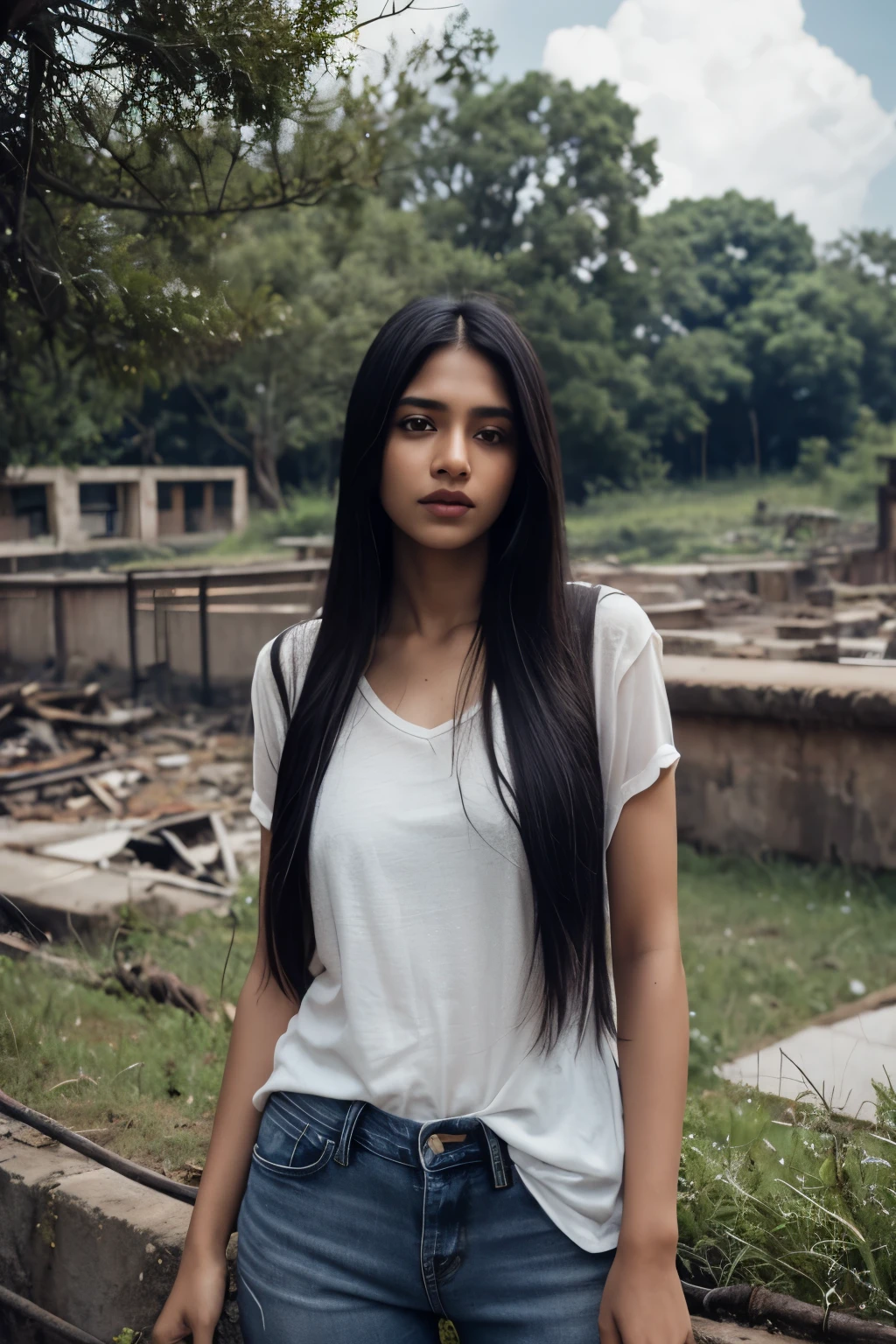Indian Woman, look at viewer, long hair, shirt, jeans, cloud, day, sky,outdoors, post-apocalypse, ruins, scenery, tree, water,