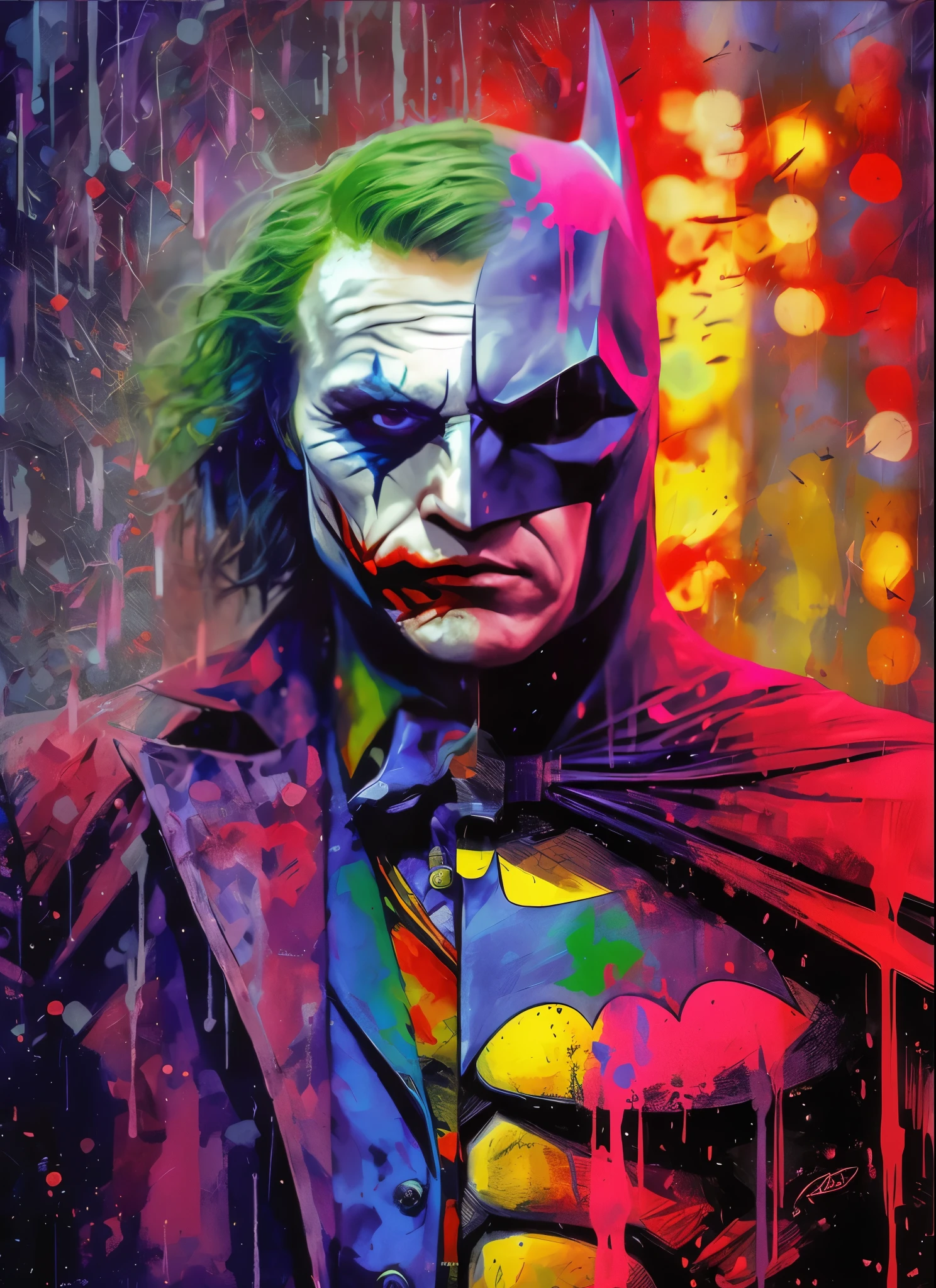 batman and joker in 1 body just half and half, trending on artstation, sharp focus, studio photo, intricate details, highly detailed, by greg rutkowski batman painting of the palhaço in a suit and tie, portrait of palhaço, portrait of the palhaço, batman as the palhaço, portrait of a palhaço, Arte digital detalhada em 4k, arte colorida do filme, pintura detalhada 4k, Arte digital altamente detalhada em 4k, palhaço, estilo de arte da DC Comics, arte dc, the palhaço as batman, Arte altamente detalhada em 4K, the palhaço, fiel a foto original