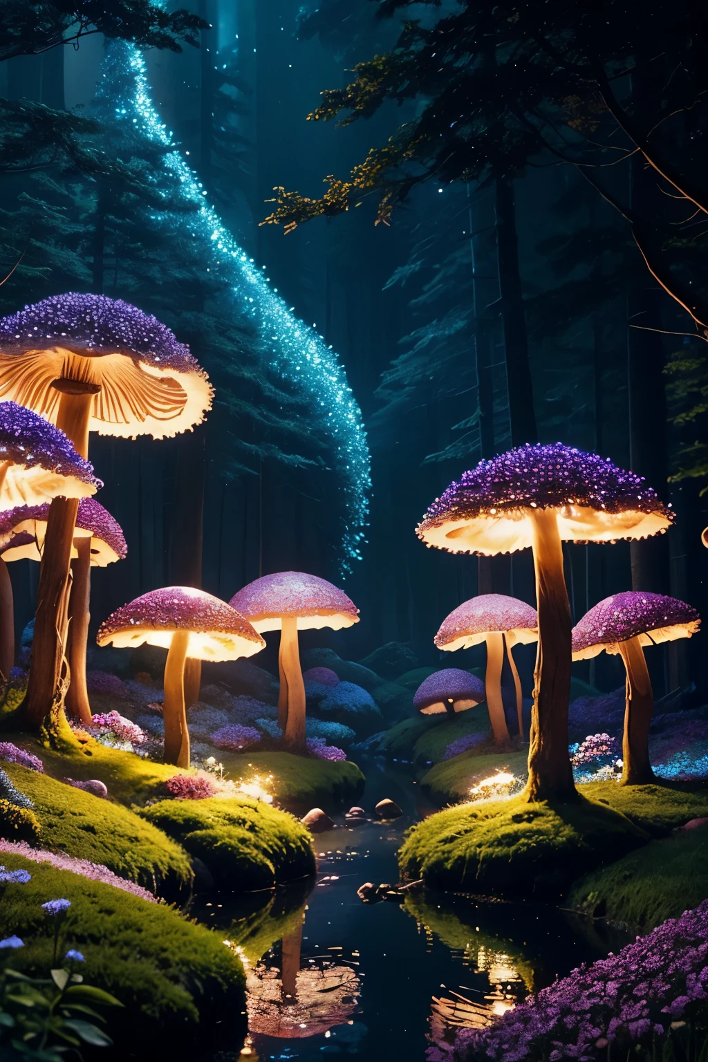 crytsal clusters glowing, real, detailed, 8k, highquality, an enchanting and dreamy scene of fantasy/alien forest, creating a sense of mystique and enchantment, award winning photography, depth of field, glowing colorful crystals, flowers, mushrooms, water, horizon, stream, spring