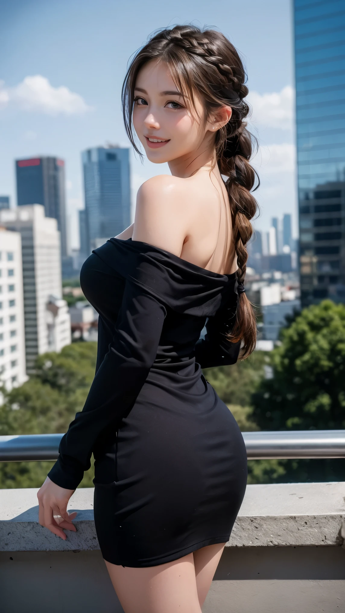Masterpiece, Best Quality, Very Detailed, 8k, Photorealistic, soft focus, beautiful detailed eyes, detailed face, double eyelid, 1girl, solo, beautiful skin, real human skin, close-up shot, Half-body, beautiful firm breasts, beautiful cleavage, mature body, 18 years old girl, beautiful girl, Japanese idol, (french braid:1.3), brown hair, BREAK,(Black Solid Off Shoulder Pullover Long Dress:1.3),BREAK, Rooftop of a high-rise building overlooking the skyscrapers in the background,happy smile,model pose, looking back, shoot from behind,NSFW
