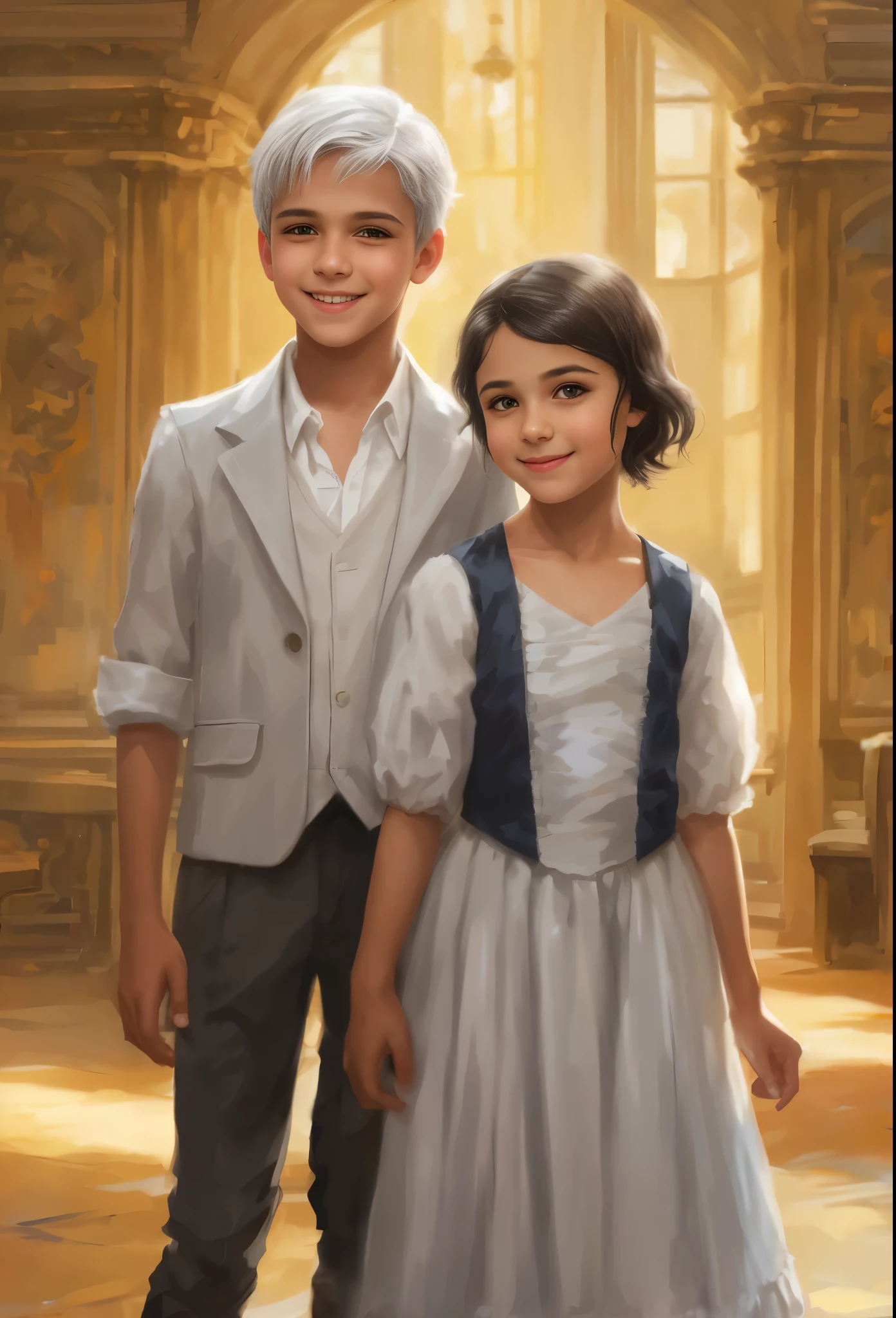 High resolution, portrait, boy and girl with dark hair, , light gray hair, short haircut, yellow eyes, smile, crown, portrait, ballroom in the background, realism, fantasy