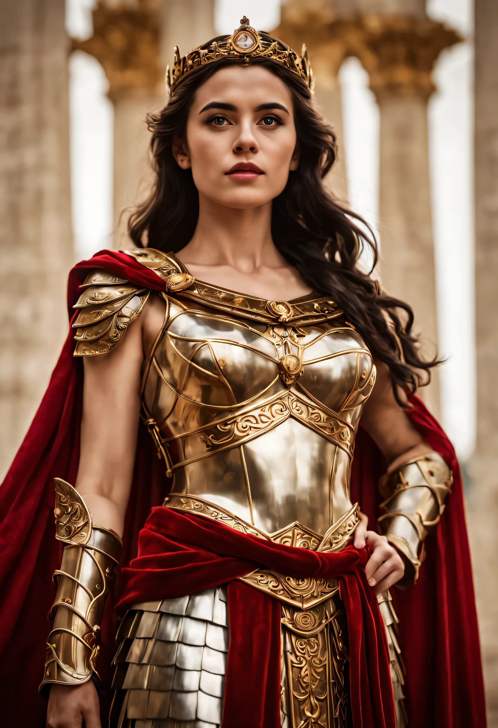 (masterpiece), (extremely intricate:1.2), (realistic), athena greek goddess (cleavage) has long back hair ((polished)) (shining) (reflective) golden armour with red velvet sash, roman armour with armour skirt, red sash, the photo taken with DSLR 55mm at f1.8 focusing on her alluring body and ethereal slight blurred bokeh illuminated surreal marbled palace amidst the clouds. fit and feminine, ((alluring, flattering, tastefully revealing skin)) bokeh lighting, silent luminescence, ultra realistic, 8k (white woman with dark hair) geek palace, athena, goddess, olympus, (medieval)