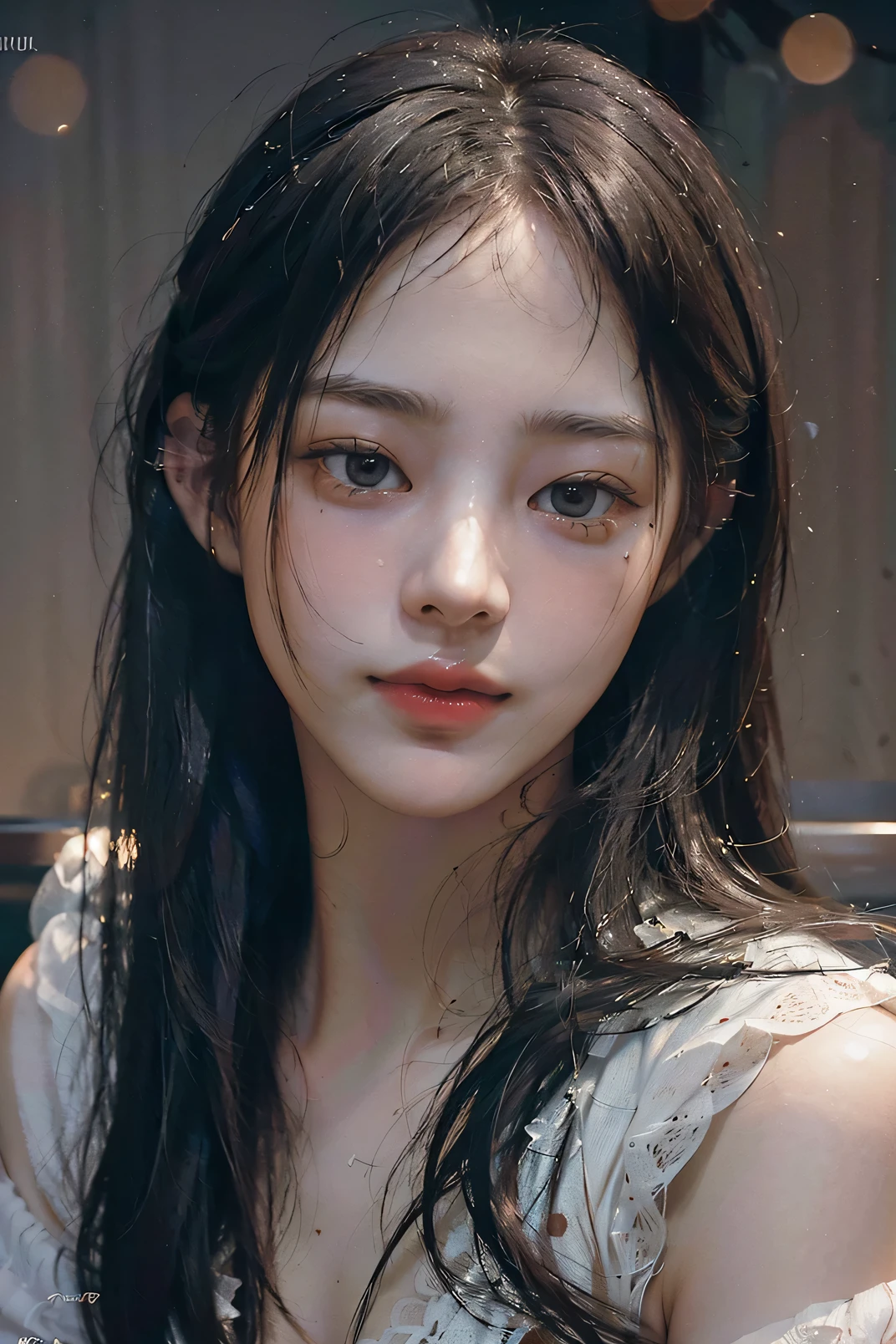 (RAW photo, best quality), ((Nostalgia,1980s syle)),(A girl with a literary atmosphere:1.2),(realistic, photo-realistic:1.3), extremely delicate and beautiful, Amazing, finely detail, masterpiece, ultra-detailed, highres,best illustration, best shadow,intricate,depth of field,(closeup portrait of a young beautiful woman:1.2),long hair,messy hair,((((low key,dark scene,dimly lit)))),(((soft lighting:1.4))),(pale skin:1.4),(shy smile),(cinematic angle),sharp focus, volumetric fog, 8k UHD, DSLR, high quality,( film grain:1.4), Fujifilm XT3,(looking at viewer), pale skin