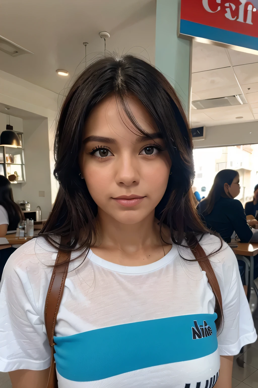 mujer cabello largo, cafe claro, piel moreno claro, ojos cafes, blusa blanca, zapatillas azules, falda azul