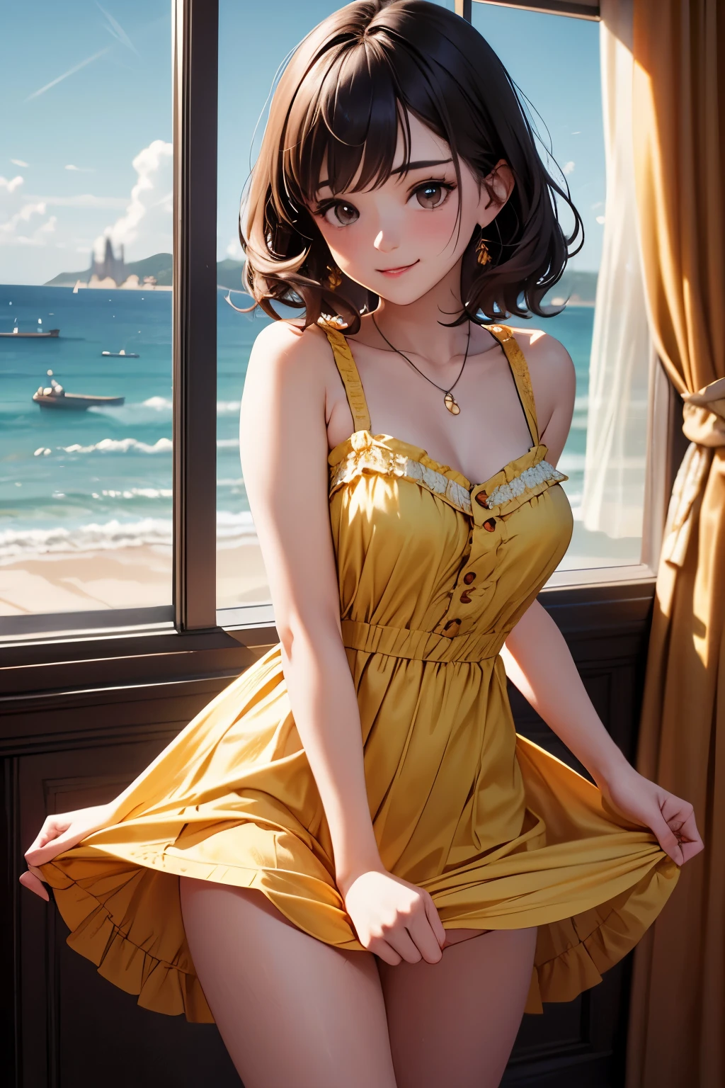 very cute and beautiful girl standing near window,(floral yellow summer dress with detailed frills),sleeveless,detailed lace,skirt lift,(white panties), (highly detailed beautiful face),antique hotel bedroom with outside view,distant trees and ocean, cowboy shot,(smile),blush,looking at viewer,medium hair,black hair, (best quality,masterpiece:1.2),absurdres,highres,ultra-detailed,extremely detailed,32k,8k resolution, intricate details,cinematic scene,detailed background,solo,dynamic angle, natural lighting,light particles,beautiful detailed sky,
