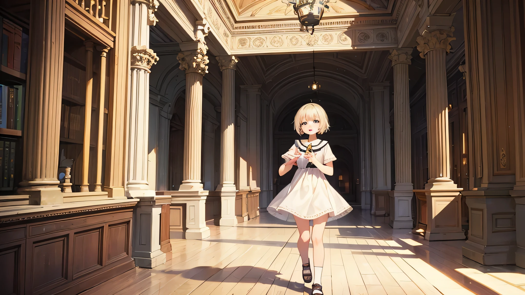 a quiet and inquisitive girl, delicately runs her fingers along the spines of ancient sheet music