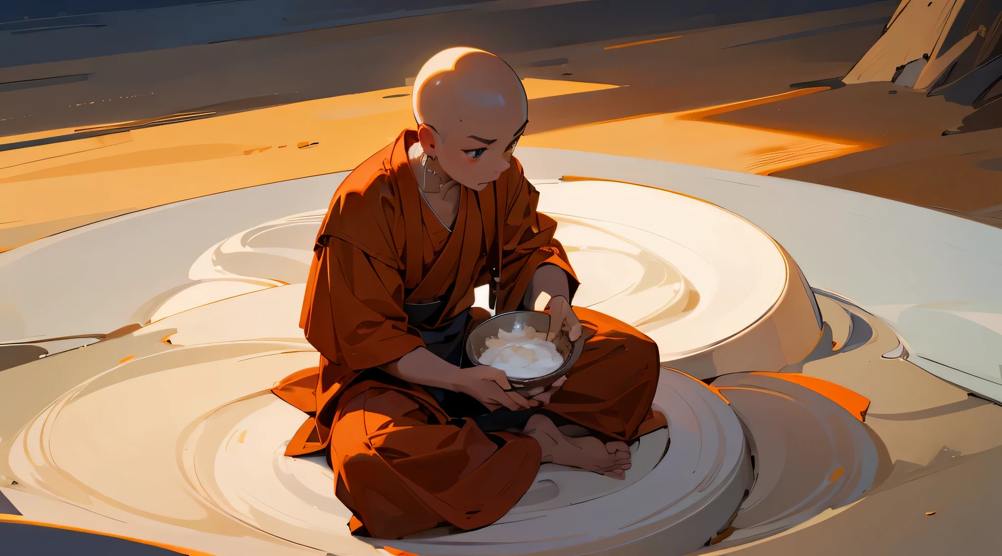 um monge budista contemplando uma bandeja de SAL OU AREIA, complete in high definition, 4k, Detalhes completos, CORES BONITAS