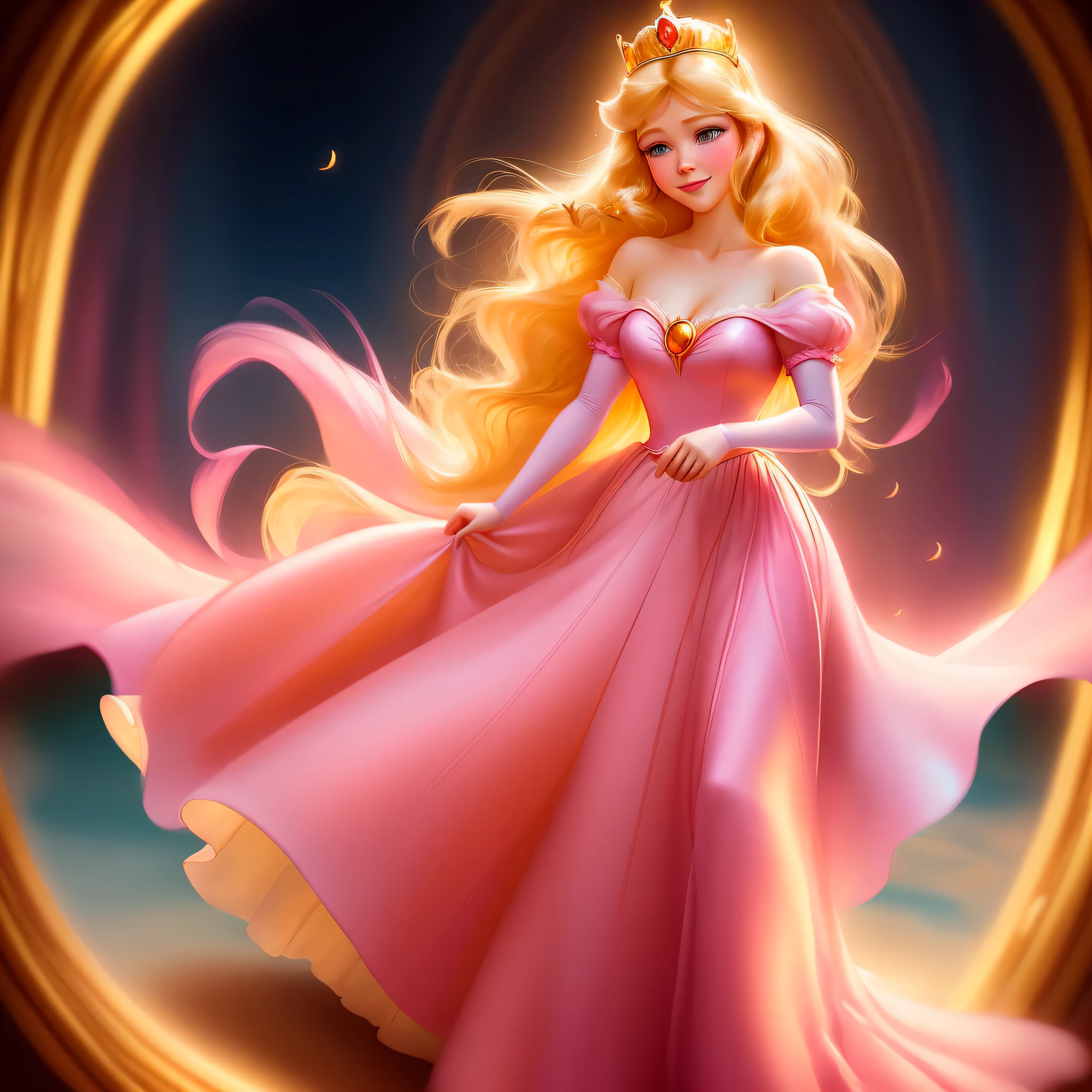Disney-Pixar style cartoon illustration featuring Princess Aurora in a flowing pink dress, bird landing gently on your outstretched hands, fundo vazio amarelo dourado, sorriso caloroso, retrato de corpo inteiro, Tilt angle, with a cinematic lighting effect similar to an Artgerm painting, cores ultrafinas e vivas.