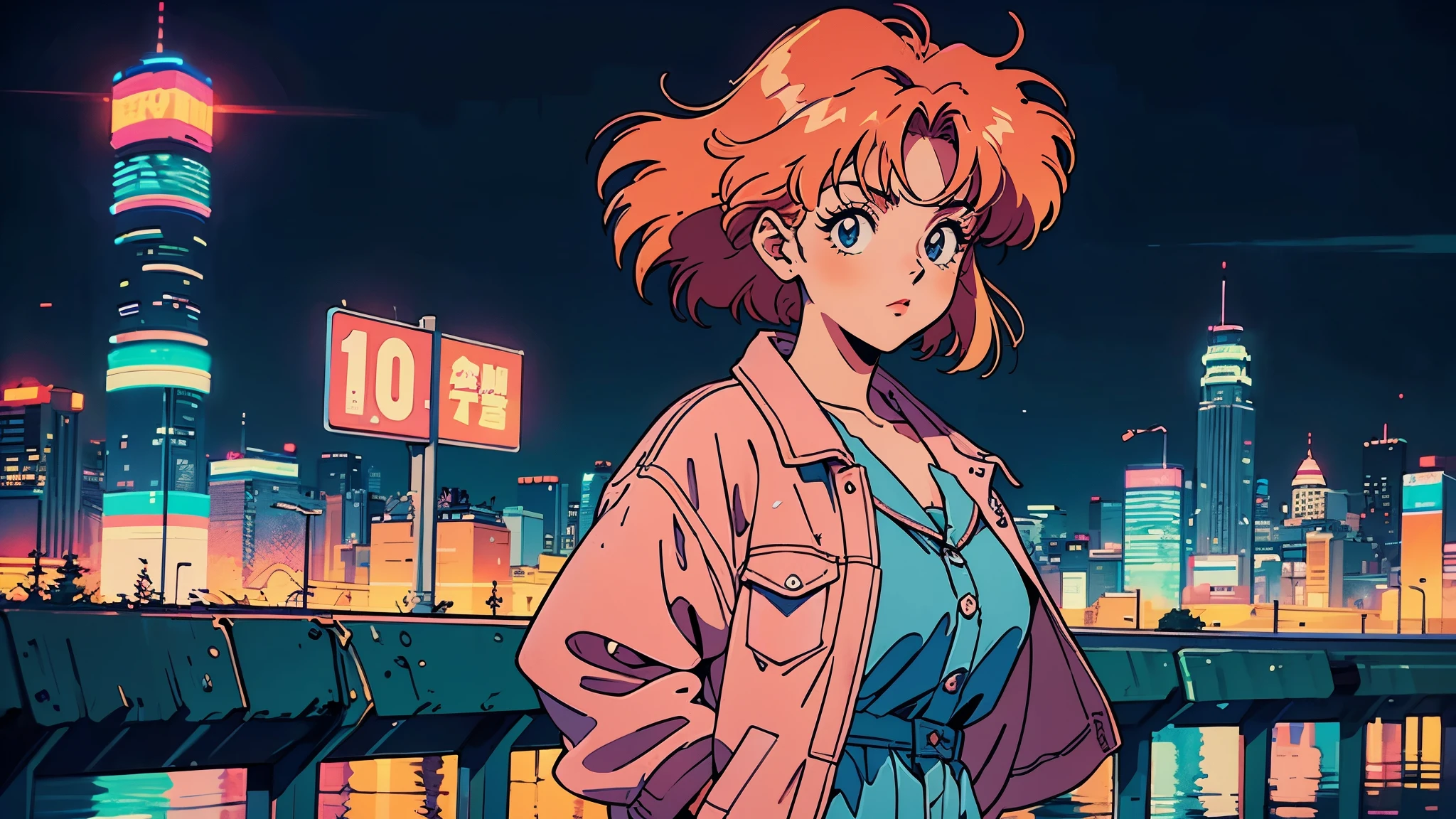 (masutepiece:1.5, Best Quality:1.5), ((Vaporwave Style, partially coloring)), (((vanilla))), (((upper body))), 1woman, orange hair, pink eye, (medium hair), 90s fashion, (((standing pose)), wearing a jacket over blue pajamas, background is night city, retro anime, 1990s anime, 1980s anime, retro anime style, masterpiece, best quality, beautiful anime, (ultra-detailed background, detailed background), high resolution, super detailed, Lo-Fi Illustration, anime art wallpaper 4k, anime art wallpaper 4k,