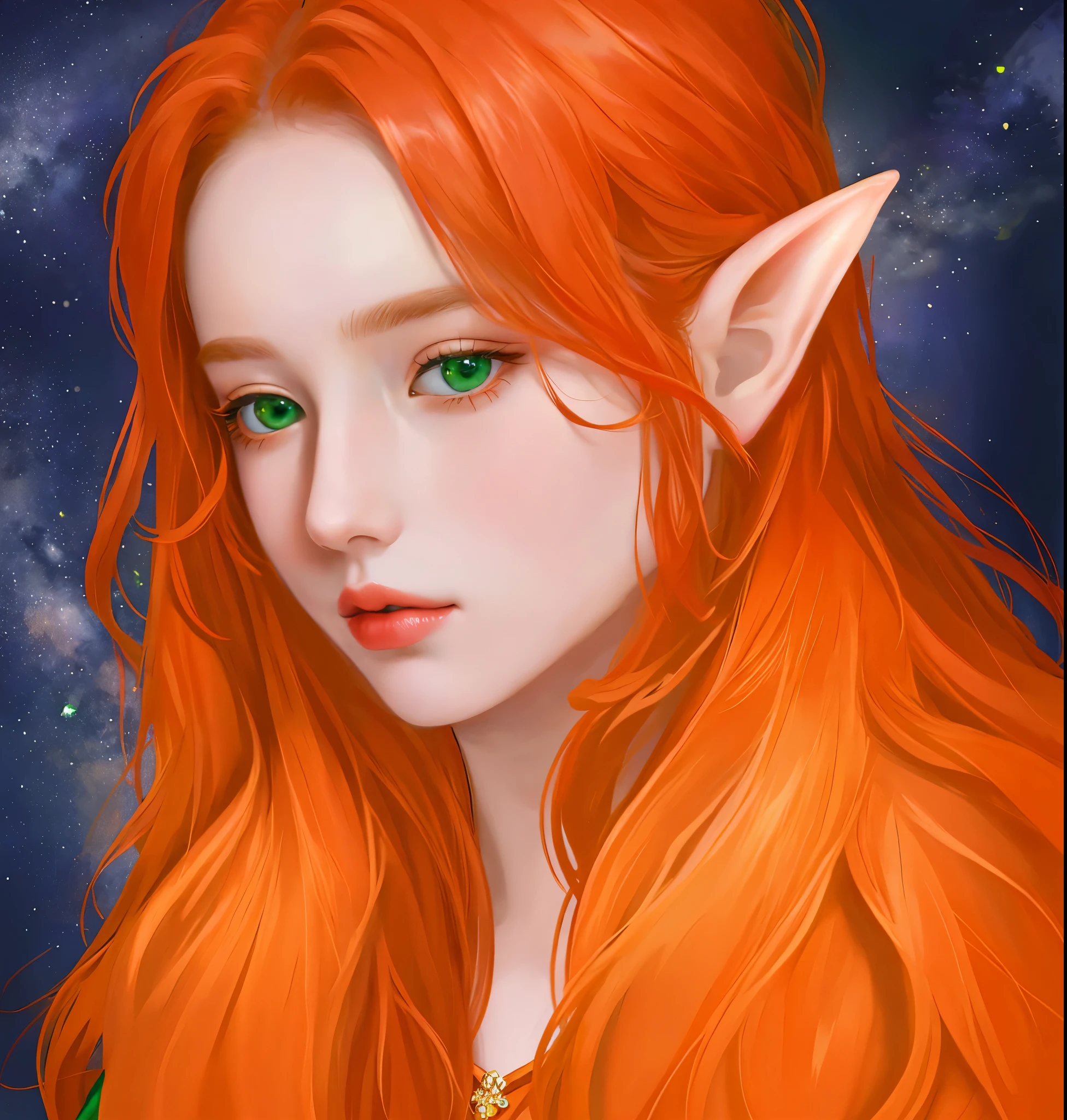 (8K, Best quality, masterpiece: 1.2), (Best quality: 1.0), (ultra high resolution: 1.0), Beautiful girl, девушка elf, elf, Red hair, red curly hair, green eyes, kind look