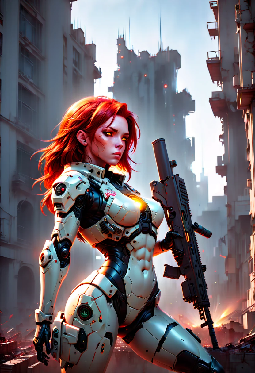 Mecha girl, solo, holding sniper rifle, red hair, ruined city, outdoors, from side, dynamic, bloom effect, transparent, soft lighting, dynamic lighting, (front light:1.5), brighter face, (best quality, masterpiece, Representative work, official art, Professional, Ultra high detail, 8k)
