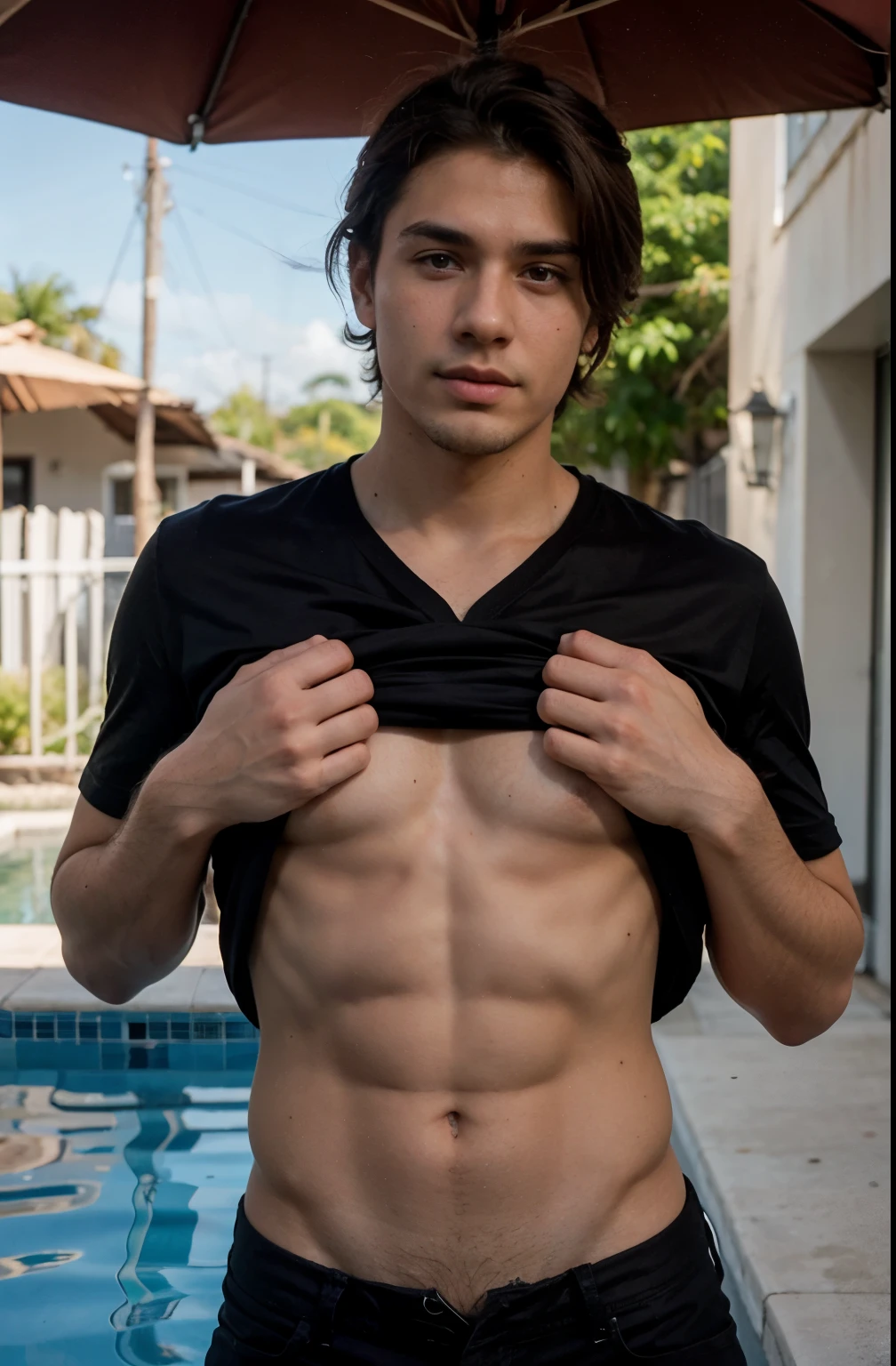 24 year old man, piel blanca morena, cabello corto, cabello negro rojizo, cabello ondulado, ojos azules, cuerpo delgado, hombros anchos, camisa color rojo, camisa de botones abierta, abdomen ligeramente marcado, Looking straight at the camera, pecho marcado, hombre, masculino, aun lado de piscina 