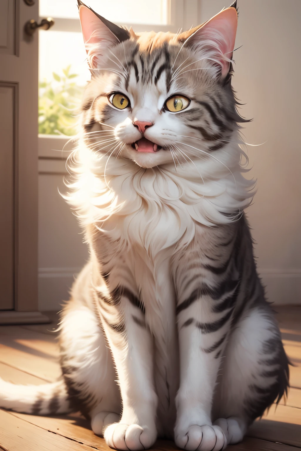 Title: "Serene Yawn of a Cat"

In this high-resolution digital artwork, a graceful cat is depicted in a full-length portrait, capturing the essence of a peaceful yawn. With intricate details and sharp focus, every whisker, paw, and patch of fur is meticulously rendered, showcasing the cat's beauty and elegance.

The cat's expression is the heart of this artwork. Its eyes half-closed in contentment, the cat yawns wide, displaying a perfect set of pearly white teeth. The delicate fold of its lips and the slight crease of its nose add to the lifelike quality of the piece.

