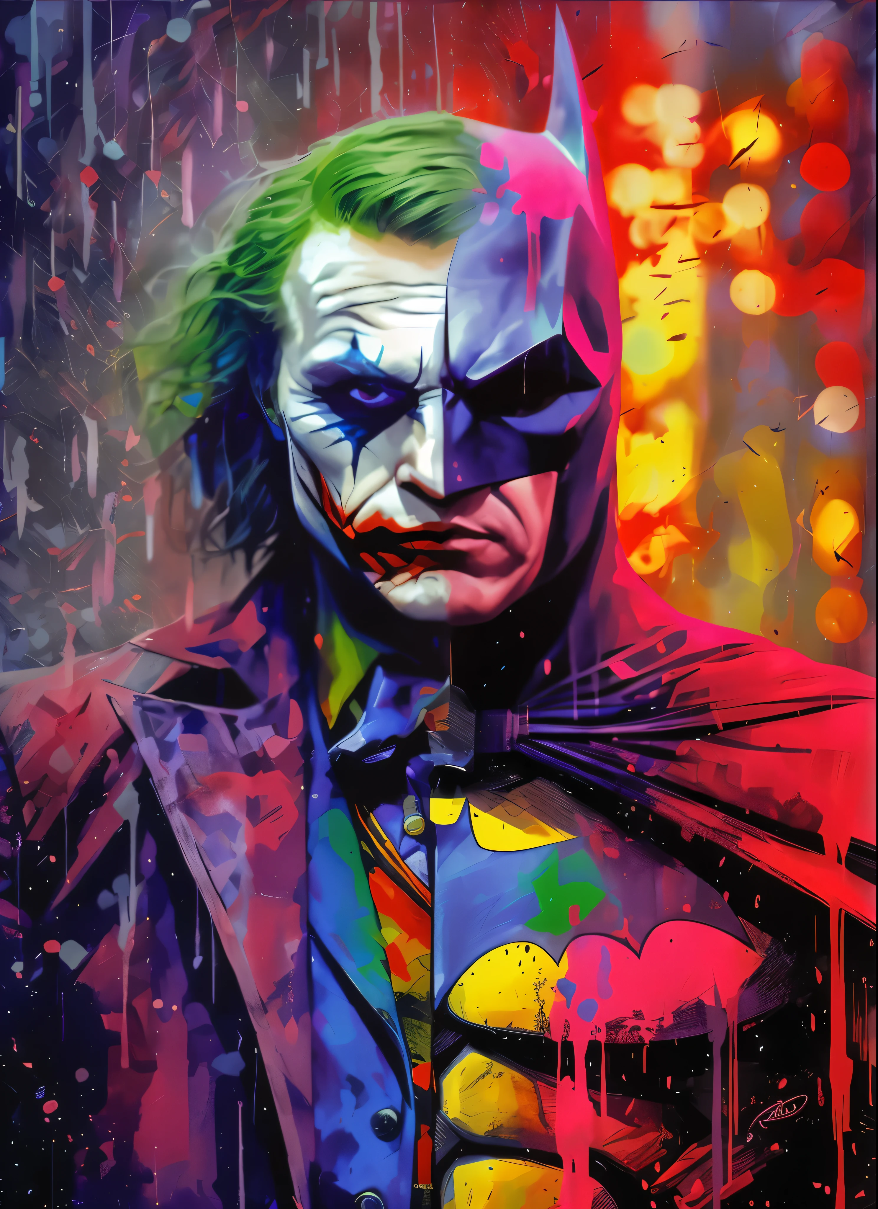 Batman and Joker in one half-and-half body, trends on artstation, sharp focus, studio photo, detalhes intrincados, altamente detalhado, de greg rutkowski batman pintura do Clown de terno e gravata, portrait of Clown, portrait of the Clown, batman as the Clown, portrait of a Clown, Arte digital detalhada em 4k, arte colorida do filme, pintura detalhada 4K, Arte digital altamente detalhada em 4k, Clown, estilo de arte da DC Comics, Arte DC, the Clown as batman, Arte altamente detalhada em 4K, the Clown, fiel a foto original