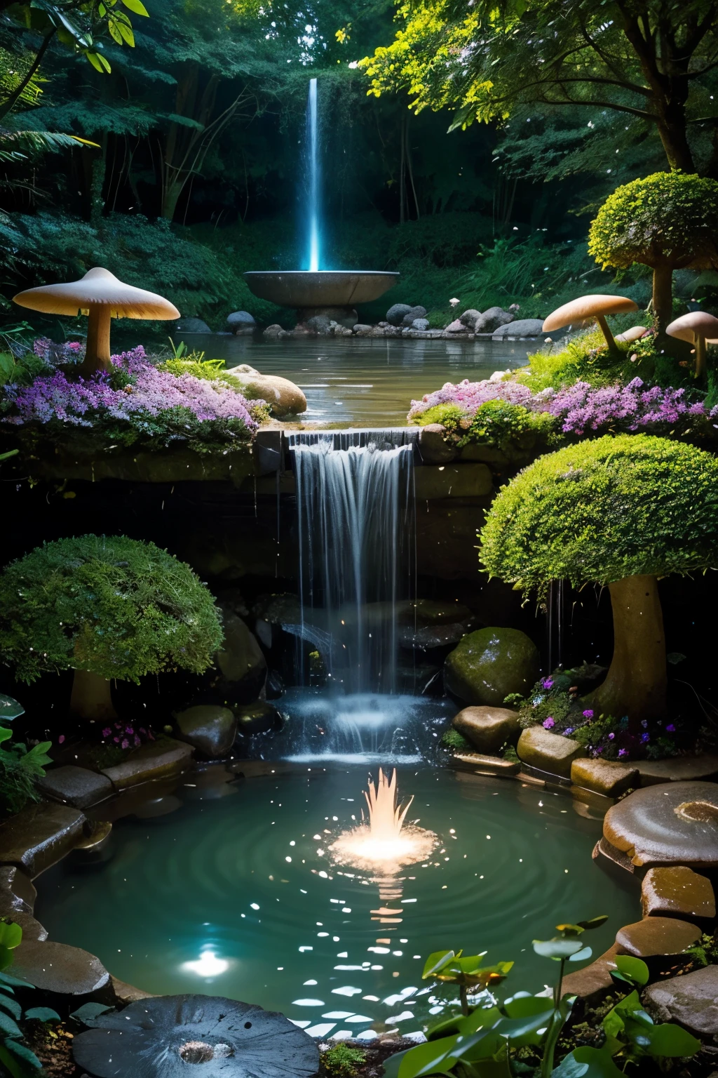 secret garden on a secluded island with crytsal clusters, glowing mushrooms, lush alien vegetation, enchanting, mystical, flowers, stream, fountain
