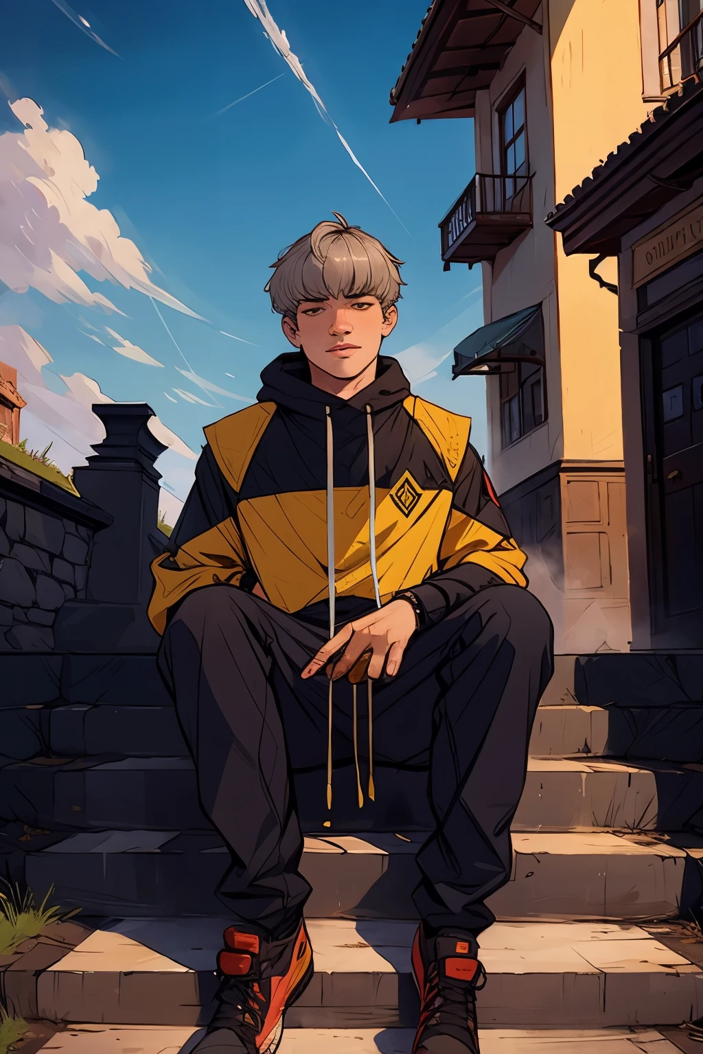 High detail, clarity, 8kk, Throne of Fire, young guy, 18 years old, light gray hair, short haircut, yellow eyes, with blue sky behind, fiery steps to the sky to the throne in front, realism, fantasy,