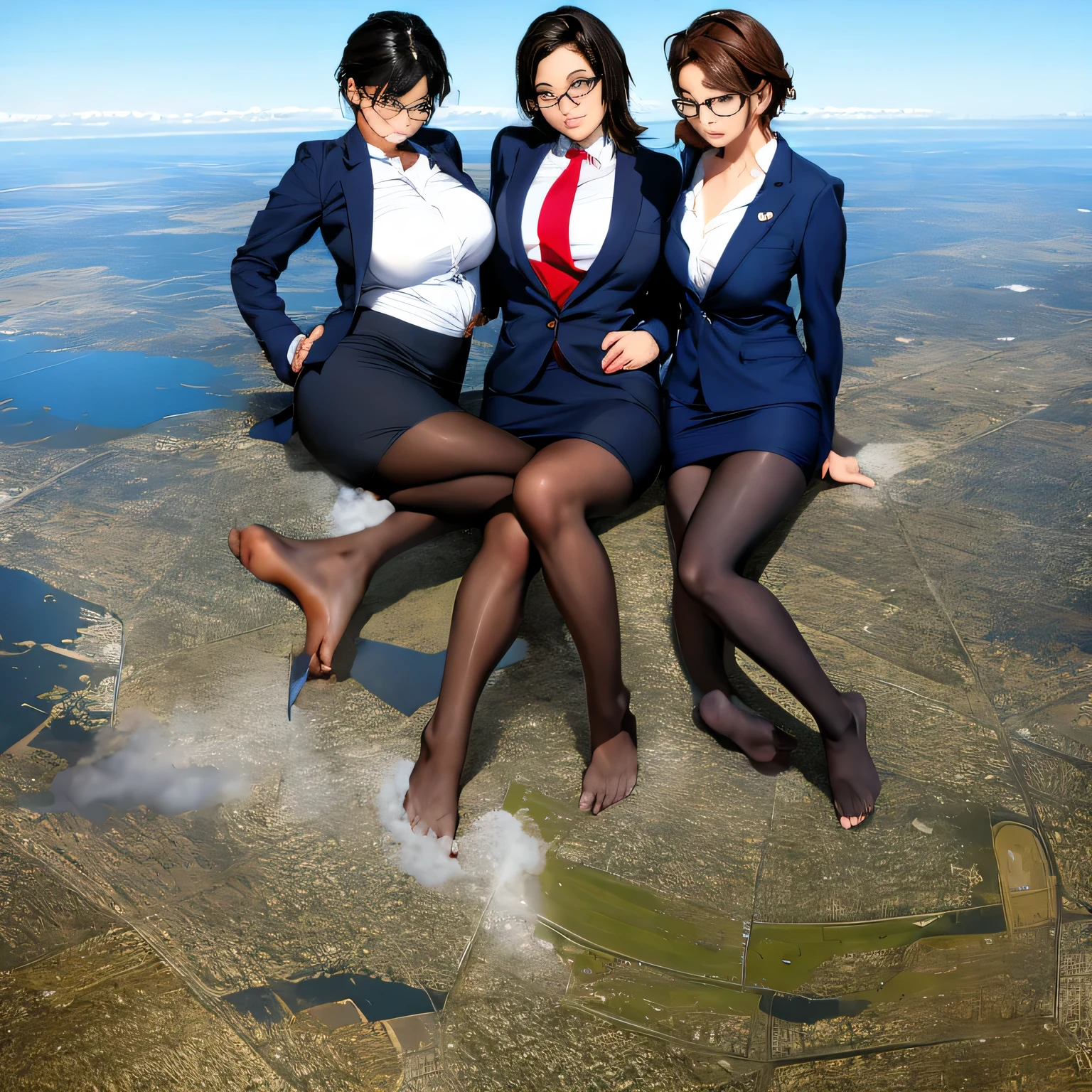 multiple girls, Giantの芸術, 非常に詳細なGiantショット, Giant, short hair, A high school girl who is much bigger than a skyscraper, wearing rimless glasses, big breasts, big ass, navy blue blazer, red tie, mini skirt, black pantyhose, pantyhose barefoot, Steam comes out from the soles of the feet, very small metropolis, miniature metropolis, crush the big city, full body description, ＧＴＳ, ギガGiant, Stomping City, crash city, Small town, micro city, High resolution, highest quality, masterpiece, 