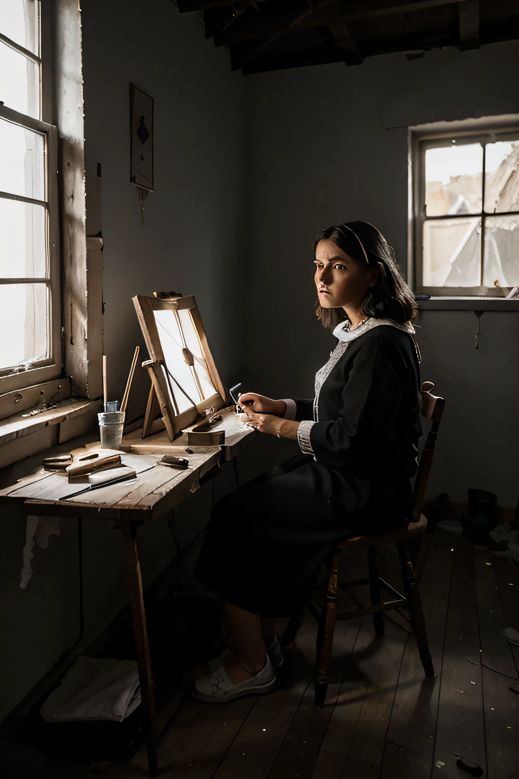 Old woman behind an easel, working on a portrait of a young girl in black and white. She is sitting in an old dilapidated attic room where the sun illuminates the room through a small window with rays of light.