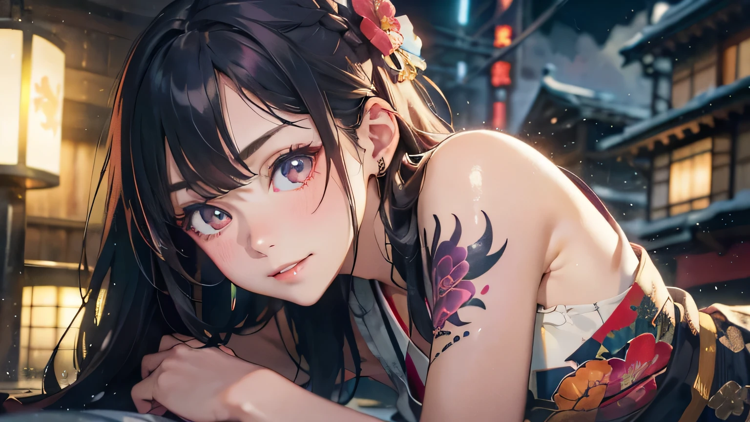 a 20 yo woman、Blackberry Hair、long twintail、Big smile、cleavage of the breast、Thighs at a glance、fishnet tights、Long cheongsam with long purple ankles on open chest、(hi-top fade:1.3)、dark themed、Muted Tones、Subdued Color、highly contrast、(natural skin textures、Hyper-Realism、Soft light、sharp) (masutepiece, of the highest quality, Best Quality, Official art, Beautiful and aesthetic: 1.2), (1girl in: 1.3), Very detailed, (Fractal Art: 1.1), (Color: 1.1) (Flowers: 1.3), (By Yuko Higuchi:1.4), Yuko Higuchi,(posted by Yow:1.2),(linear art),Line drawing,Pen drawing,Zentangle,(Tattoo patterns:1.2),(complex lines),(masutepiece),(Best Quality:1.1), (Ultra-detailed),Best Illustration,finely detail,hand-drawn high quality,High contrast,(Clean lines:1.3),ligne claire,(Portrait),(very closeup:1.1),1 girl,Solo,The girl is wrapped in snow,(Intricate details:1.3),(Detailed background:1.2),(coloured background:1.1),sketch,Intricate details,High resolution，a moon，top-quality、8K、hight resolution、​masterpiece、(portlate:0.6)、A dark-haired、Middle hair、(grinning evily:1.3)、(Look at viewers:1.3)、(bokeh dof)、18year old、8K, masutepiece, (Photorealistic:1.5), Artistic portrait from behind ((Yakuza Girls) Wearing yellow tight crop top leather suit), back tattoo, Revealing the tattoo on the back, (Dragon tattoo), Bare shoulders, huge-breasted,  Beautiful skin, Slim Fit Body, Cute face, nice appearance, look at viewr, Red hair in a bun with bangs, Foggy, Daylight, skyscapers, Clouds, Cozy and cool atmosphere, Dynamic lighting, natural, artistic，18-year-old girl Wahori skin, Yakuza, Japan Mafia, Background of Tokyo future cyberpunk District, Realistic, Photoreal, masutepiece, Best Quality, Movie photo of a Japan cartel gang with tattoos, epic lighting, Yakuza tattoos on Japan, japanese art on behance, Japan culture, Sexy, Exotic, Erotic，Tattoo of butterflies and flowers on the upper body，Tattoo of a huge number of flowers on the arm、