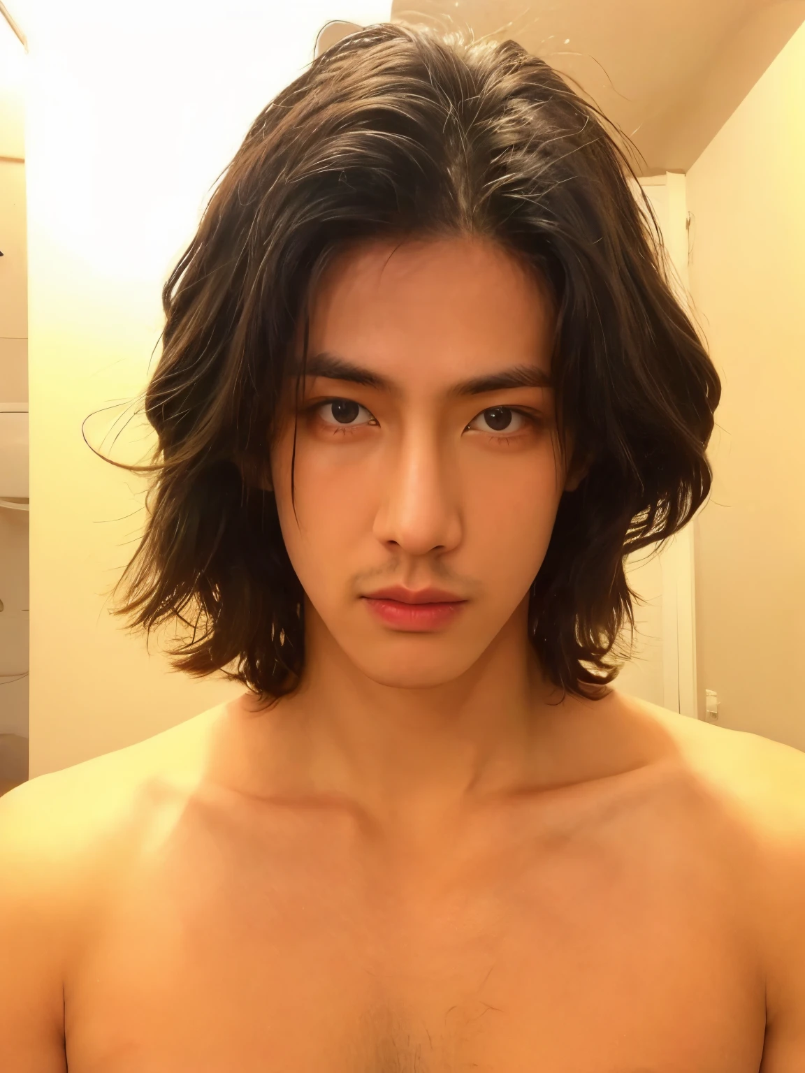 hombre arafed con la cara sin camisa y un corte de pelo desordenado, xqc, Cabello medio largo, androgynous face, 18 years, tommy 1 6 years, con pelo largo y oscuro, perfect hermoso rostro, pelo liso, esponjoso, largo y puntiagudo, hermoso rostro, con pelo largo y ojos penetrantes, androgynous person, foto de perfil en la cabeza, handsome japanese demon boy