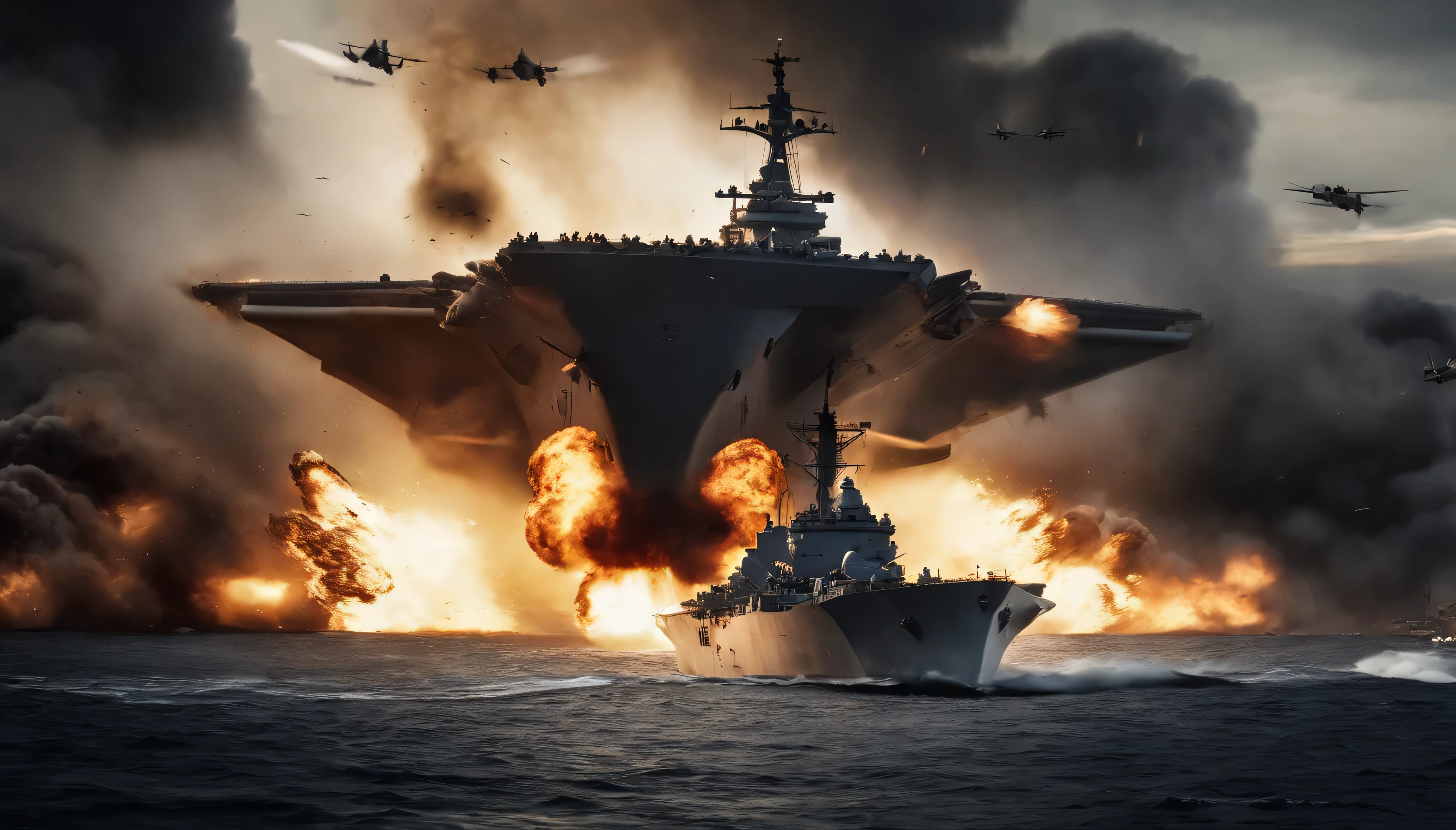 Title: "USS Carrier Under Attack: Missile Strikes and Aerial Assaults Cause Massive Explosion - HD Thumbnail Image Prompt"
Description:
Design a high-definition thumbnail image depicting a dramatic scene of a USS carrier under attack, with missiles and aircraft unleashing devastation and leading to a massive explosion. Visualize the chaos and destruction, with missiles streaking through the sky, fighter jets diving in for the assault, and a colossal explosion engulfing the carrier. Include elements such as billowing smoke, flames, and debris flying through the air to convey the intensity and severity of the attack. Ensure sharp details and dynamic composition to capture the viewer's attention and emphasize the gravity of the situation. This striking image will compel viewers to click for more insights into the unfolding naval conflict.