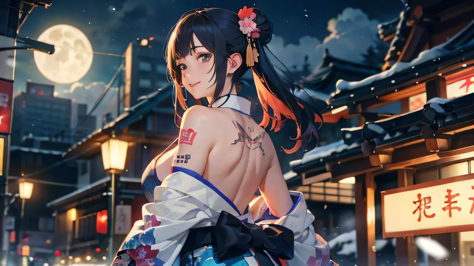 a 20 yo woman、Blackberry Hair、long twintail、Big smile、cleavage of the breast、Thighs at a glance、fishnet tights、Long cheongsam with long purple ankles on open chest、(hi-top fade:1.3)、dark themed、Muted Tones、Subdued Color、highly contrast、(natural skin textures、Hyper-Realism、Soft light、sharp) (masutepiece, of the highest quality, Best Quality, Official art, Beautiful and aesthetic: 1.2), (1girl in: 1.3), Very detailed, (Fractal Art: 1.1), (Color: 1.1) (Flowers: 1.3), (By Yuko Higuchi:1.4), Yuko Higuchi,(posted by Yow:1.2),(linear art),Line drawing,Pen drawing,Zentangle,(Tattoo patterns:1.2),(complex lines),(masutepiece),(Best Quality:1.1), (Ultra-detailed),Best Illustration,finely detail,hand-drawn high quality,High contrast,(Clean lines:1.3),ligne claire,(Portrait),(very closeup:1.1),1 girl,Solo,The girl is wrapped in snow,(Intricate details:1.3),(Detailed background:1.2),(coloured background:1.1),sketch,Intricate details,High resolution,a moon,top-quality、8K、hight resolution、masterpiece、(portlate:0.6)、A dark-haired、Middle hair、(grinning evily:1.3)、(Look at viewers:1.3)、(bokeh dof)、18year old、8K, masutepiece, (Photorealistic:1.5), Artistic portrait from behind ((Yakuza Girls) Wearing kimono), back tattoo, Revealing the tattoo on the back, (Dragon tattoo), Bare shoulders, huge-breasted, Beautiful skin, Slim Fit Body, Cute face, nice appearance, look at viewr, Red hair in a bun with bangs, Foggy, Daylight, skyscapers, Clouds, Cozy and cool atmosphere, Dynamic lighting, natural, artistic,18-year-old girl Wahori skin, Yakuza, Japan Mafia, Background of Tokyo Red Light District, Realistic, Photoreal, masutepiece, Best Quality, Movie photo of a Japan cartel gang with tattoos, epic lighting, Yakuza tattoos on Japan, japanese art on behance, Japan culture, Sexy, Exotic, Erotic,Tattoo of butterflies and flowers on the upper body,Tattoo of a huge number of flowers on the arm、