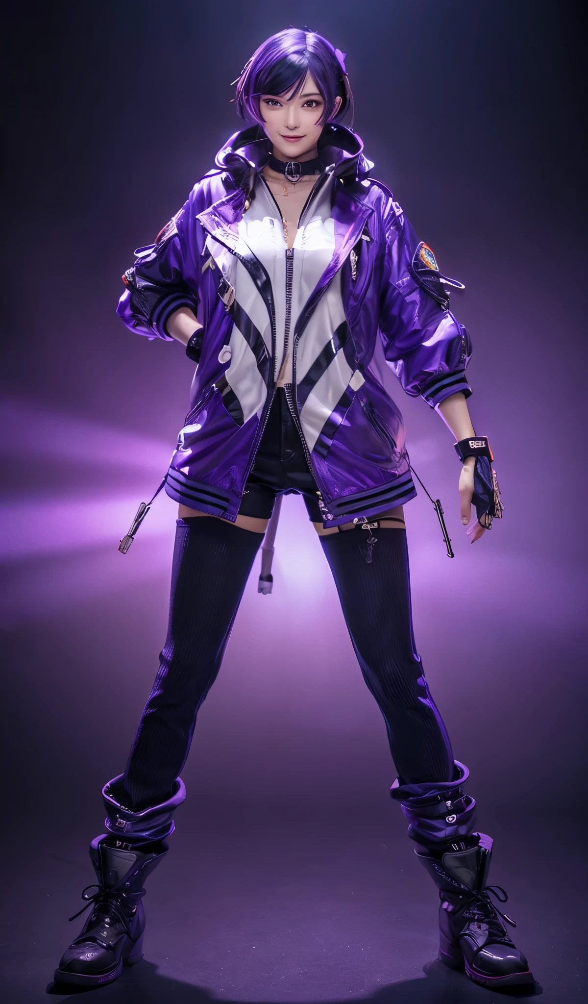 ((best quality)), ((masterpiece)), (detailed), perfect face A hot real life smiling japanese american girl with black and purple hair and medium breasts, wearing a biker gloves. purple cyberpunk jacket with white stripes purple shorts and a black shirt top. Photo Shot from iphone 15 pro, bright daylight.dramatic colors. highly detailed intricate details
