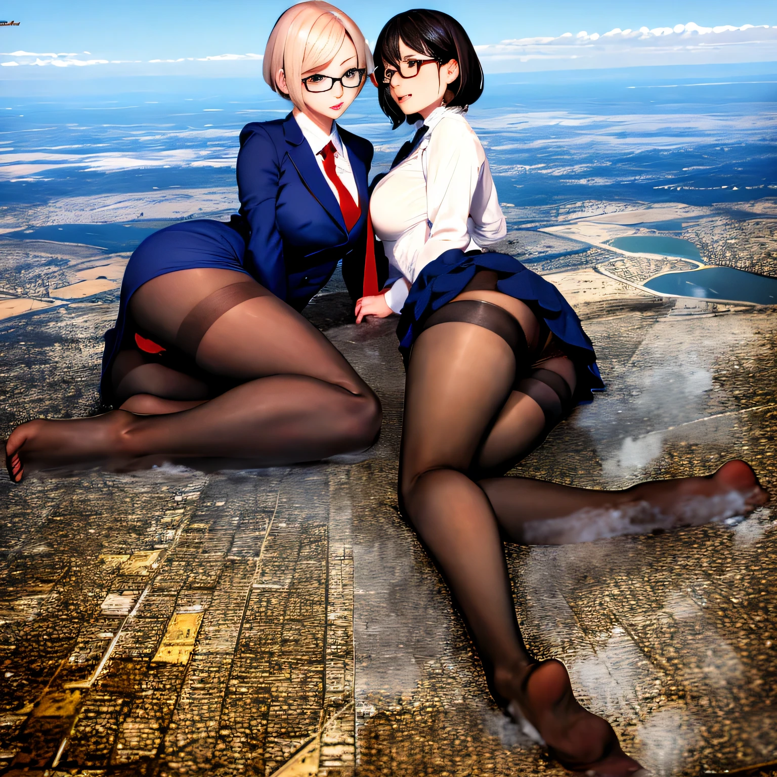 multiple girls, Giantの芸術, 非常に詳細なGiantショット, Giant, short hair, A high school girl who is much bigger than a skyscraper, wearing rimless glasses, big breasts, big ass, navy blue blazer, red tie, mini skirt, black pantyhose, pantyhose barefoot, Steam comes out from the soles of the feet, very small metropolis, miniature metropolis, crush the big city, full body description, GTS, ギガGiant, Stomping City, crash city, Small town, micro city, High resolution, highest quality, masterpiece,
