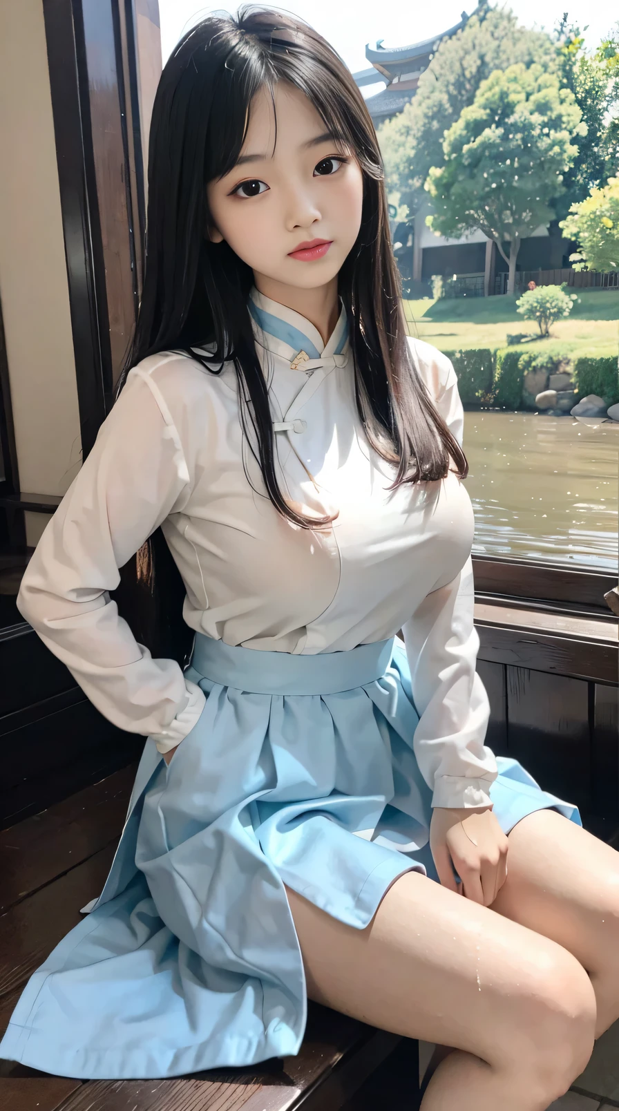Master quality, highest quality, best picture quality, exaggerated details, a cute 8 year old asian  with a shy expression, slightly squinted eyes, adjusting her hair, long eyelashes (long hair / very, very exaggerated big breasts, big  / in hanfu chinese thin silk qipao dress, short skirt), posing sit in front of the camera, wet throught breast Petticoat