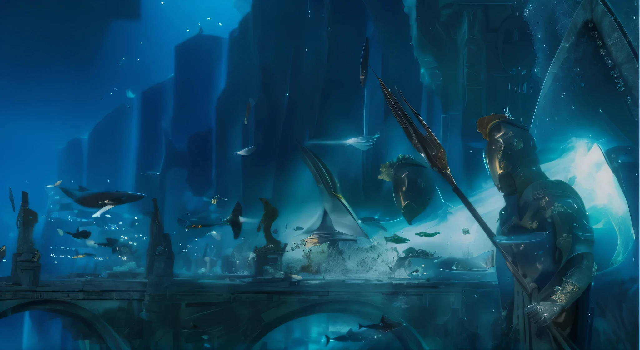 Create beautiful underwater the city of atlantis. Add fish and jelly fish