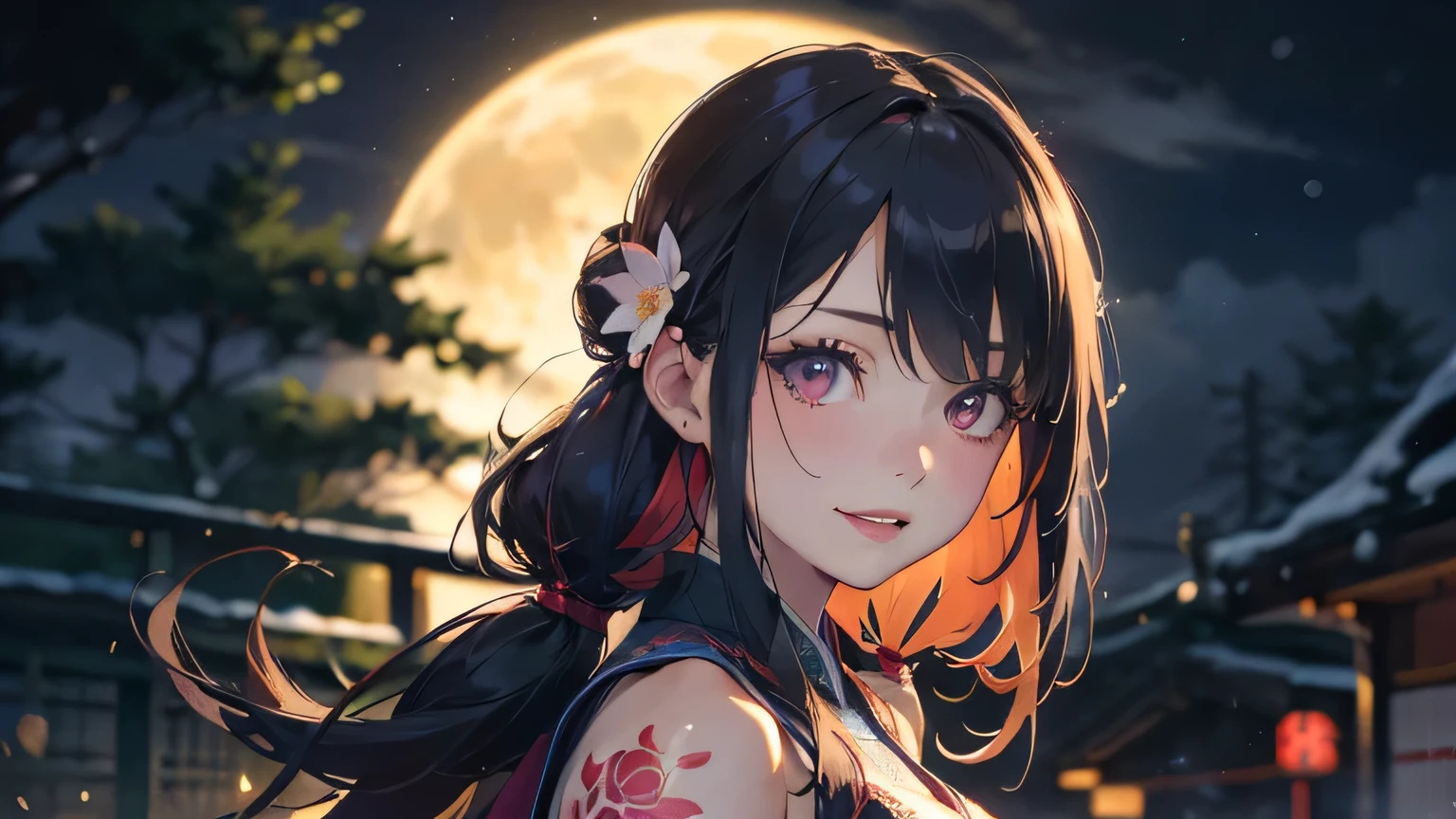a 20 yo woman、Blackberry Hair、long twintail、Big smile、cleavage of the breast、Thighs at a glance、fishnet tights、Long cheongsam with long purple ankles on open chest、(hi-top fade:1.3)、dark themed、Muted Tones、Subdued Color、highly contrast、(natural skin textures、Hyper-Realism、Soft light、sharp) (masutepiece, of the highest quality, Best Quality, Official art, Beautiful and aesthetic: 1.2), (1girl in: 1.3), Very detailed, (Fractal Art: 1.1), (Color: 1.1) (Flowers: 1.3), (By Yuko Higuchi:1.4), Yuko Higuchi,(posted by Yow:1.2),(linear art),Line drawing,Pen drawing,Zentangle,(Tattoo patterns:1.2),(complex lines),(masutepiece),(Best Quality:1.1), (Ultra-detailed),Best Illustration,finely detail,hand-drawn high quality,High contrast,(Clean lines:1.3),ligne claire,(Portrait),(very closeup:1.1),1 girl,Solo,The girl is wrapped in snow,(Intricate details:1.3),(Detailed background:1.2),(coloured background:1.1),sketch,Intricate details,High resolution，a moon，top-quality、8K、hight resolution、​masterpiece、(portlate:0.6)、A dark-haired、Middle hair、(grinning evily:1.3)、(Look at viewers:1.3)、(bokeh dof)、18year old、8K, masutepiece, (Photorealistic:1.5), Artistic portrait from behind ((Yakuza Girls) Wearing kimono), back tattoo, Revealing the tattoo on the back, (Dragon tattoo), Bare shoulders, huge-breasted,  Beautiful skin, Slim Fit Body, Cute face, nice appearance, look at viewr, Red hair in a bun with bangs, Foggy, Daylight, skyscapers, Clouds, Cozy and cool atmosphere, Dynamic lighting, natural, artistic，18-year-old girl Wahori skin, Yakuza, Japan Mafia, Background of Tokyo Red Light District, Realistic, Photoreal, masutepiece, Best Quality, Movie photo of a Japan cartel gang with tattoos, epic lighting, Yakuza tattoos on Japan, japanese art on behance, Japan culture, Sexy, Exotic, Erotic，Tattoo of butterflies and flowers on the upper body，Tattoo of a huge number of flowers on the arm、