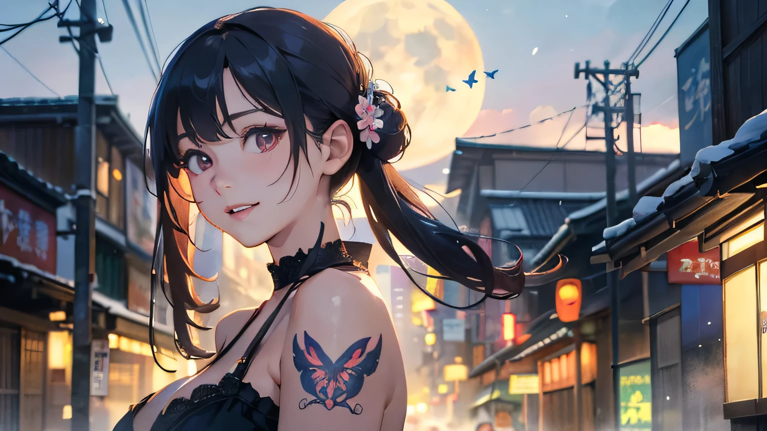 a 20 yo woman、Blackberry Hair、long twintail、Big smile、cleavage of the breast、Thighs at a glance、fishnet tights、Long cheongsam with long purple ankles on open chest、(hi-top fade:1.3)、dark themed、Muted Tones、Subdued Color、highly contrast、(natural skin textures、Hyper-Realism、Soft light、sharp) (masutepiece, of the highest quality, Best Quality, Official art, Beautiful and aesthetic: 1.2), (1girl in: 1.3), Very detailed, (Fractal Art: 1.1), (Color: 1.1) (Flowers: 1.3), (By Yuko Higuchi:1.4), Yuko Higuchi,(posted by Yow:1.2),(linear art),Line drawing,Pen drawing,Zentangle,(Tattoo patterns:1.2),(complex lines),(masutepiece),(Best Quality:1.1), (Ultra-detailed),Best Illustration,finely detail,hand-drawn high quality,High contrast,(Clean lines:1.3),ligne claire,(Portrait),(very closeup:1.1),1 girl,Solo,The girl is wrapped in snow,(Intricate details:1.3),(Detailed background:1.2),(coloured background:1.1),sketch,Intricate details,High resolution,a moon,top-quality、8K、hight resolution、masterpiece、(portlate:0.6)、A dark-haired、Middle hair、(grinning evily:1.3)、(Look at viewers:1.3)、(bokeh dof)、18year old、8K, masutepiece, (Photorealistic:1.5), Artistic portrait from behind ((Yakuza Girls) Wearing kimono), back tattoo, Revealing the tattoo on the back, (Dragon tattoo), Bare shoulders, huge-breasted, Beautiful skin, Slim Fit Body, Cute face, nice appearance, look at viewr, Red hair in a bun with bangs, Foggy, Daylight, skyscapers, Clouds, Cozy and cool atmosphere, Dynamic lighting, natural, artistic,18-year-old girl Wahori skin, Yakuza, Japan Mafia, Background of Tokyo Red Light District, Realistic, Photoreal, masutepiece, Best Quality, Movie photo of a Japan cartel gang with tattoos, epic lighting, Yakuza tattoos on Japan, japanese art on behance, Japan culture, Sexy, Exotic, Erotic,Tattoo of butterflies and flowers on the upper body,Tattoo of a huge number of flowers on the arm、
