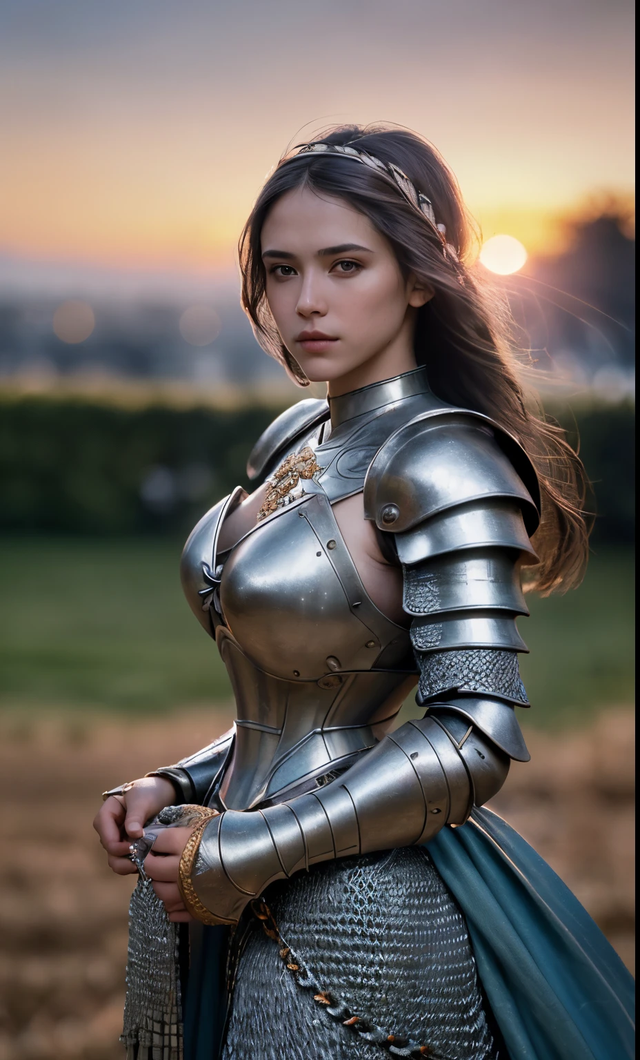 (masterpiece), (extremely intricate:1.3), (realistic), portrait of a girl, the most beautiful in the world, (medieval armor), metal reflections, upper body, outdoors, intense sunlight, far away castle, professional photograph of a stunning woman detailed, sharp focus, dramatic, award winning, cinematic lighting, octane render  unreal engine,  volumetrics dtx, (film grain, blurry background, blurry foreground, bokeh, depth of field, sunset, motion blur:1.3), chainmail