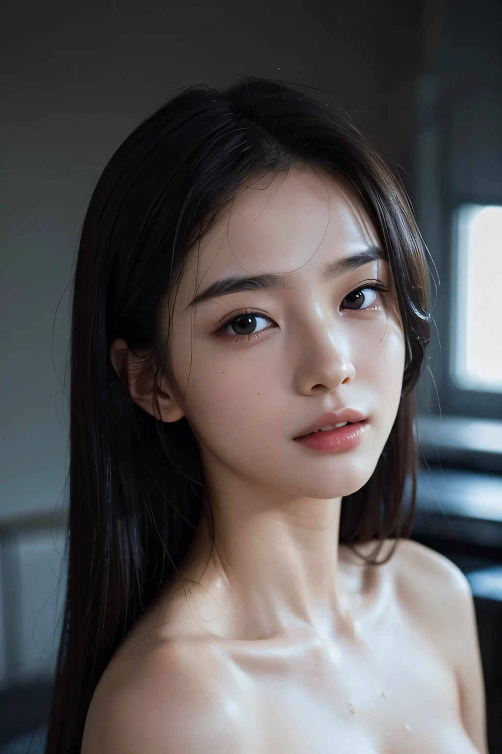 (Enhances the beauty of skin texture:1.1), highest quality、masterpiece, ultra high resolution、(Photoreal:1.4)、RAW photo、1 girl、shiny skin, wet body, dramatic lighting, RAW photo, table top:1.3, Super high resolution:1.0, sharp focus:1.2, beautiful woman with perfect figure:1.4, thin abs:1.2, wet body:1.5, Highly detailed face and skin texture, fine eyes, double eyelid, perfect facial balance, Clean system, smile, Soft light in a beautiful studio, rim light, vivid details, surreal, fine and beautiful skin, realistic skin, rubber suit, beautiful face, Beautiful woman, high solution face, Soft texture, nude, close up of face, glorious skin, face of glory, crazy high resolution