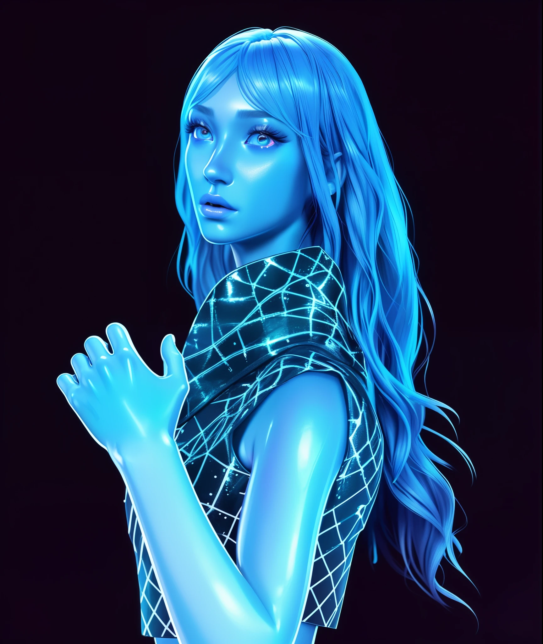 there is a very beautiful girl with (elemental bright waterflow hair:1.2), reflective black squared pattern top, water reflective smooth texture, reflective glossy clothes, inspired by Russell Dongjun Lu, flume, 3d render, highly detailed vfx portrait, made entirely from gradients, highly detailed vfx portrait, ryan glitter concept artist, jen bartel, joel fletcher, hyper realistic color photo, (water girl skyblue skin 1.2), black background