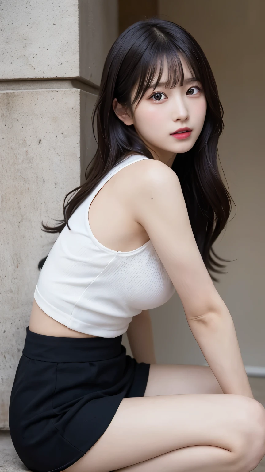 (masterpiece), (highest quality), (Super detailed), (messy hair), (figure), (1 girl), cute girl、japanese girl、long hair,black hair、whole body:1.2、Pretty clothes:1.5、big breasts:1.2、short skirt:1.1、cute pose、Squatting down with legs wide open:1.5、facing forward、Sexually aroused facial expressions:1.3