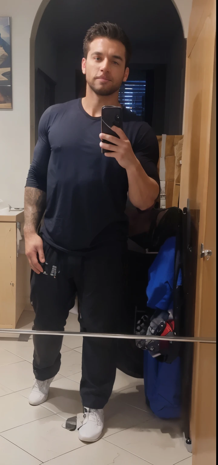 Man is transformed by gym equipment into a huge roided up muscle bull hooked up to his muscles posing horny in the mirror